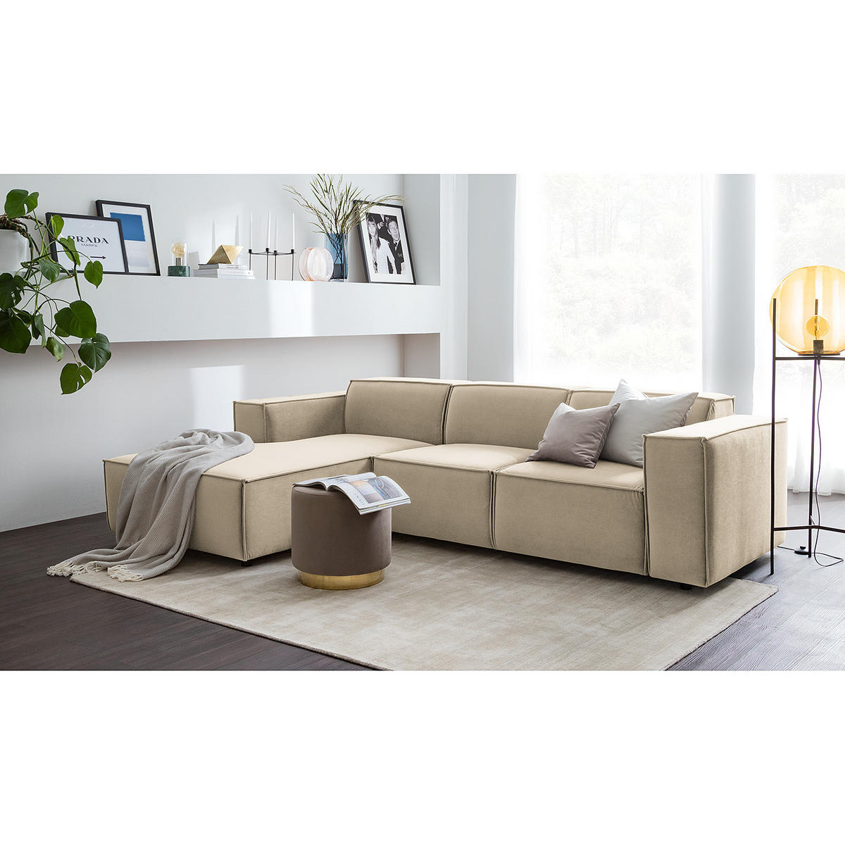 ECKSOFA mit Longchair - Beige/Schwarz, Kunststoff/Textil (260/177cm) - home24