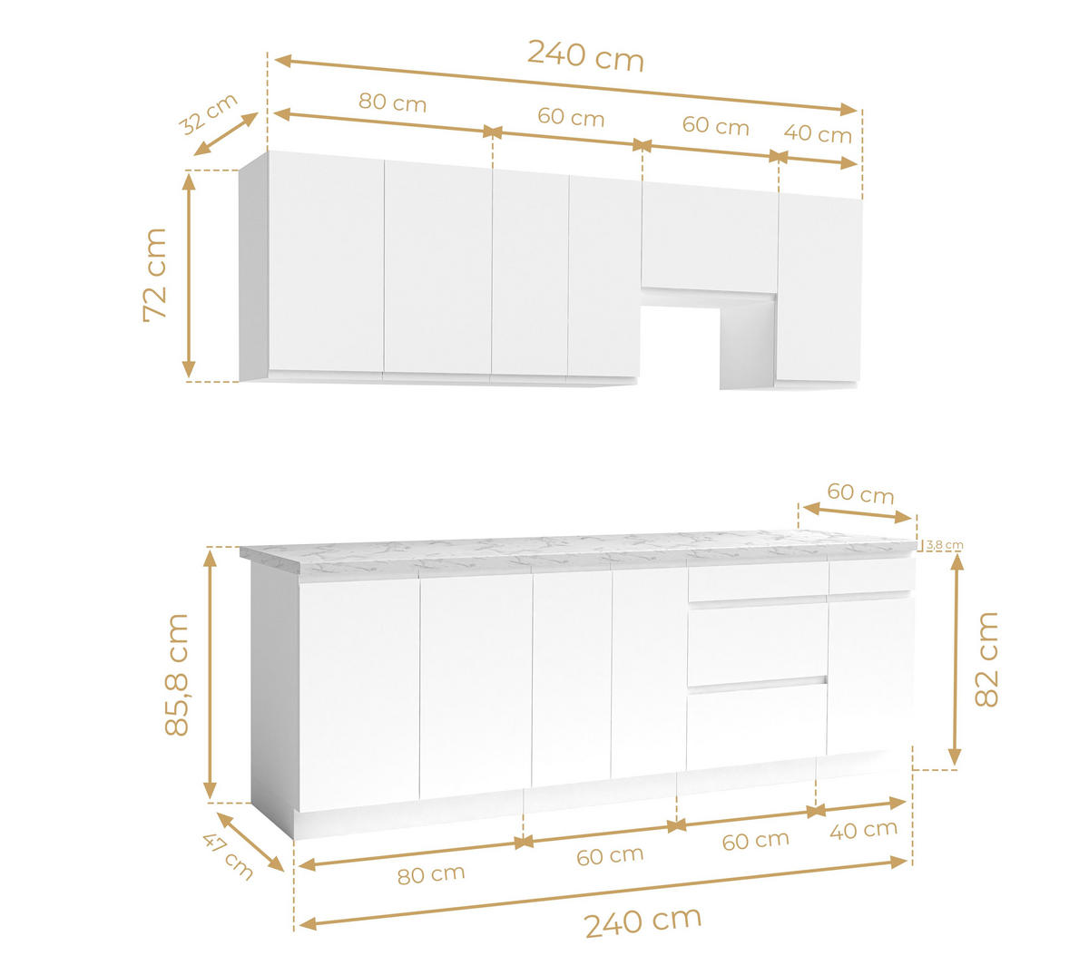 KÜCHENLEERBLOCK Aquileia 240 cm Weiß Matt mit Arbeitsplatte Marmor Bianco - Hellgrau/Weiß, Holzwerkstoff (240/157.8/60cm) - AX Living