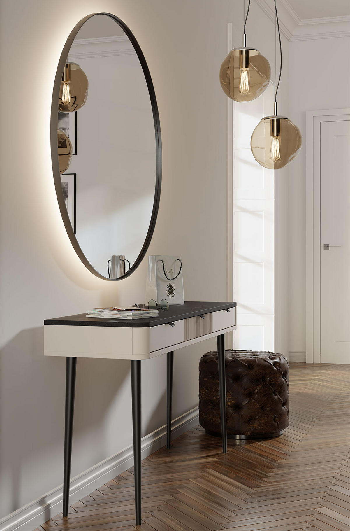 KONSOLENTISCH Marly Kaschmir / Graustein 130 / 40 / 82cm - Beige/Schwarz, Holz/Holzwerkstoff (40/130/82cm) - Feldmann-Wohnen