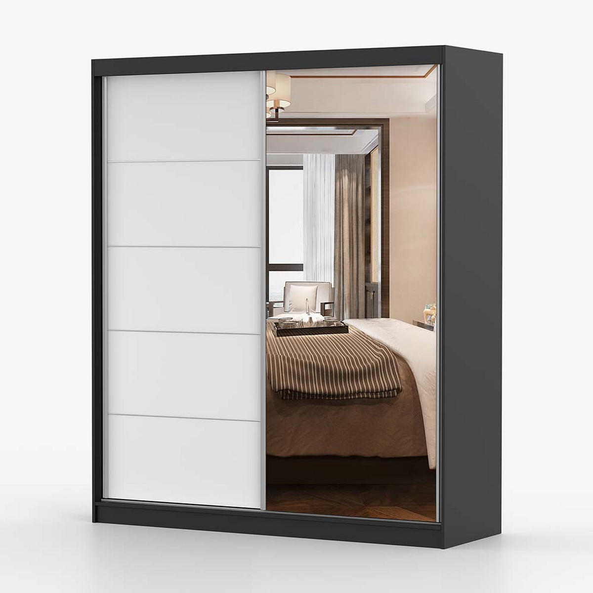 SCHWEBETÜRENSCHRANK 183/218/61 cm 2-türig Bella 03 Schwarz, Weiß - Alufarben/Schwarz, Glas/Holzwerkstoff (183/218/61cm) - imoebel24