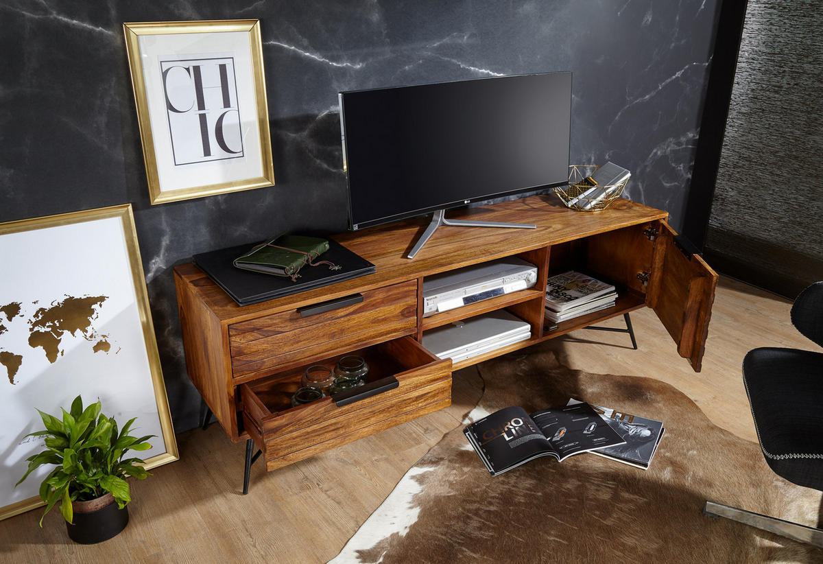 LOWBOARD Massivholz Industrial Stil 160x54x40 cm Modell NISHAN - Schwarz/Braun, Holz/Metall (160/54/40cm) - KADIMA DESIGN