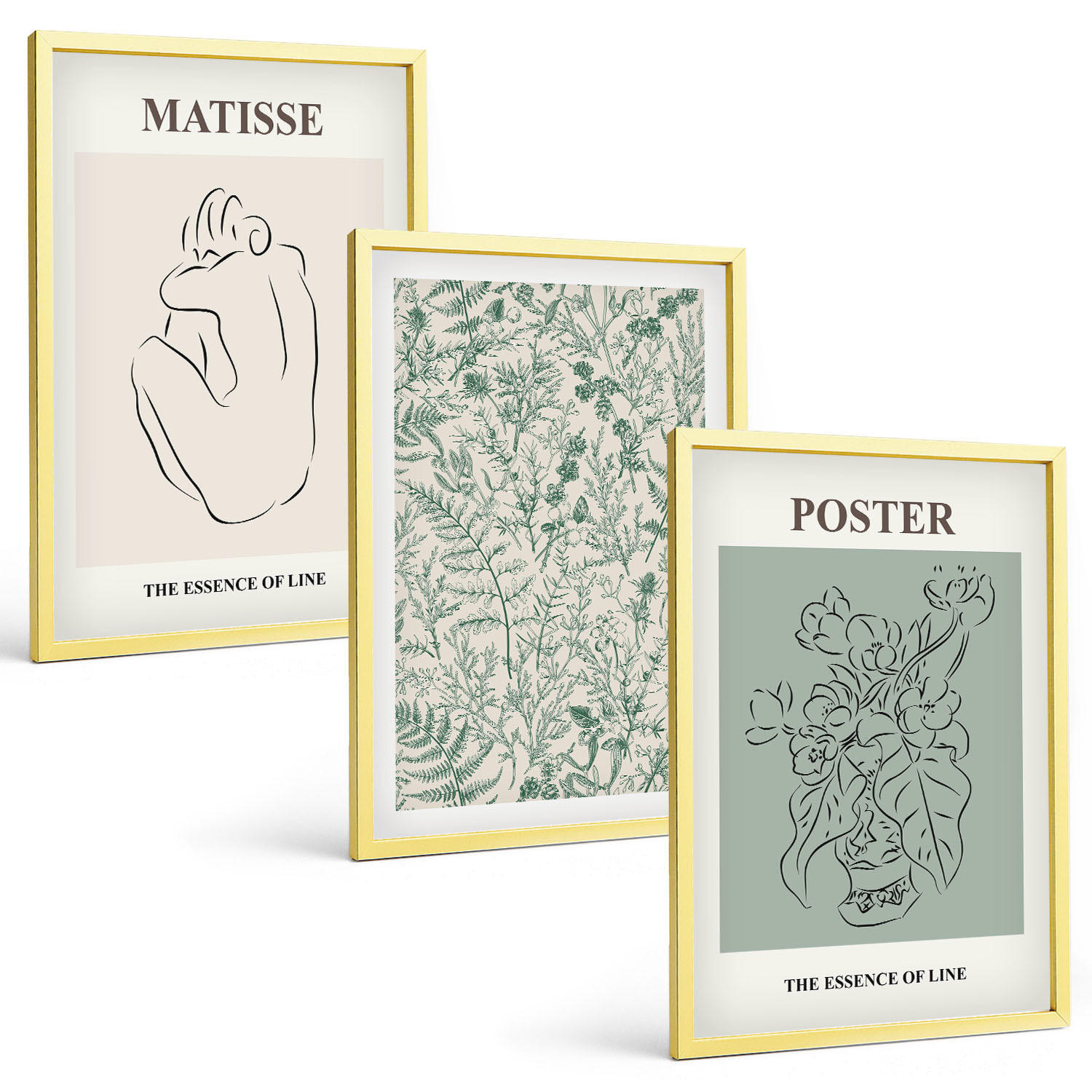 BILDER SET 3er Set - 40x60 cm Goldrahmen - Linien, Pflanzenmuster, Minimalismus - Goldfarben, Kunststoff (40/60cm) - TULUP