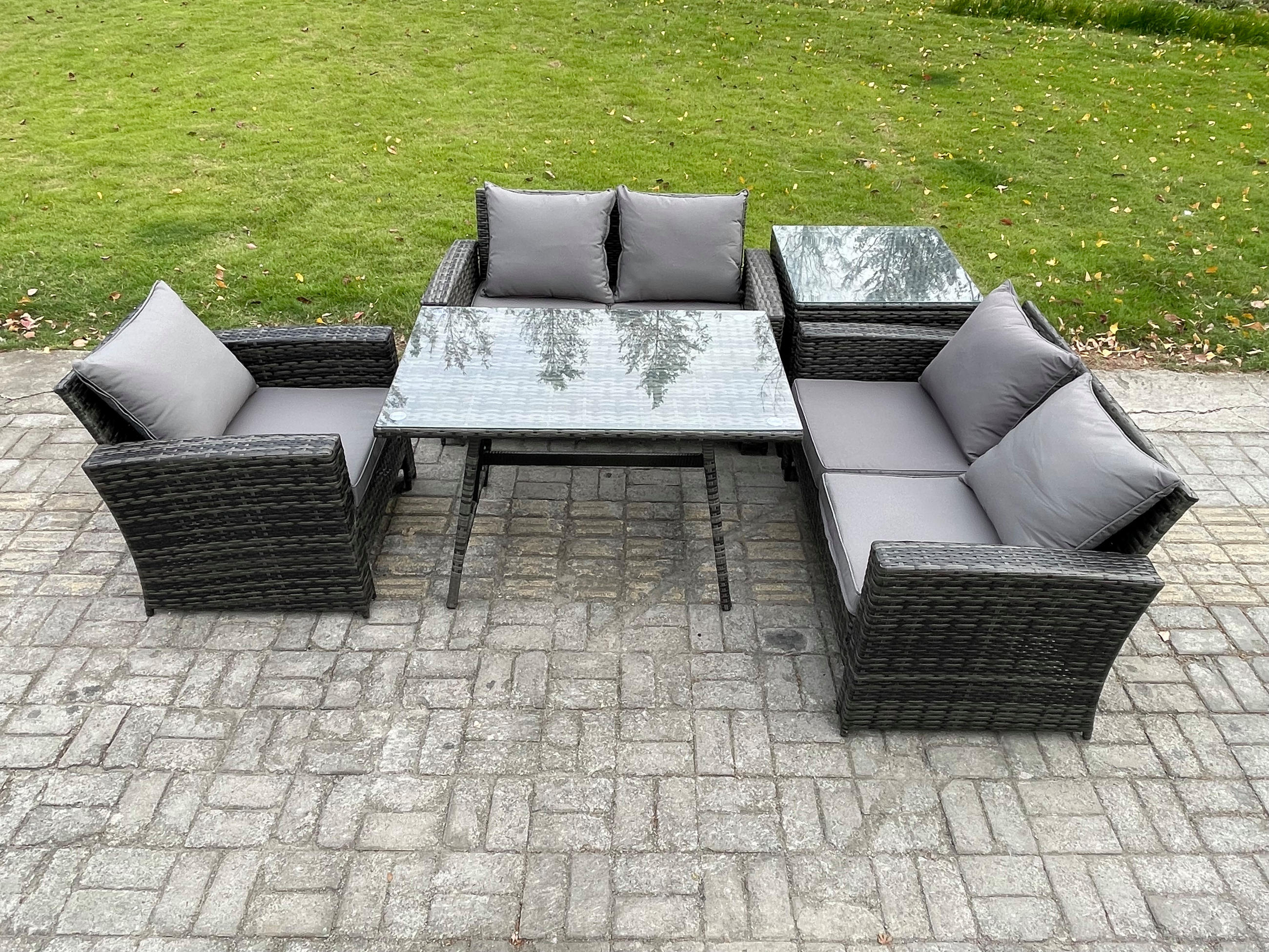 GARTENMÖBELSET mit ESSTISCH,HOCHLEHNER-SOFA Polyrattan Dunkelgrauer Mix 5-Sitzer - Dunkelgrau/Grau, Glas/Kunststoff - Fimous