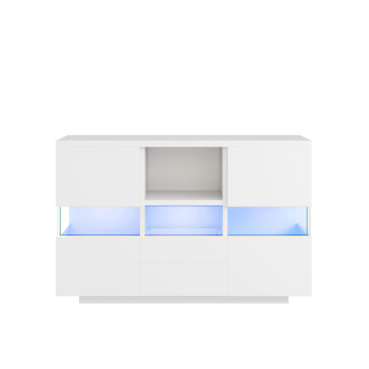 SIDEBOARD 140/35/75 cm mit LED-Beleuchtung, Glasvitrine und Schubladen, Holzwerkstoff, Weiß - Weiß, Holzwerkstoff (140/75/35cm) - Redom