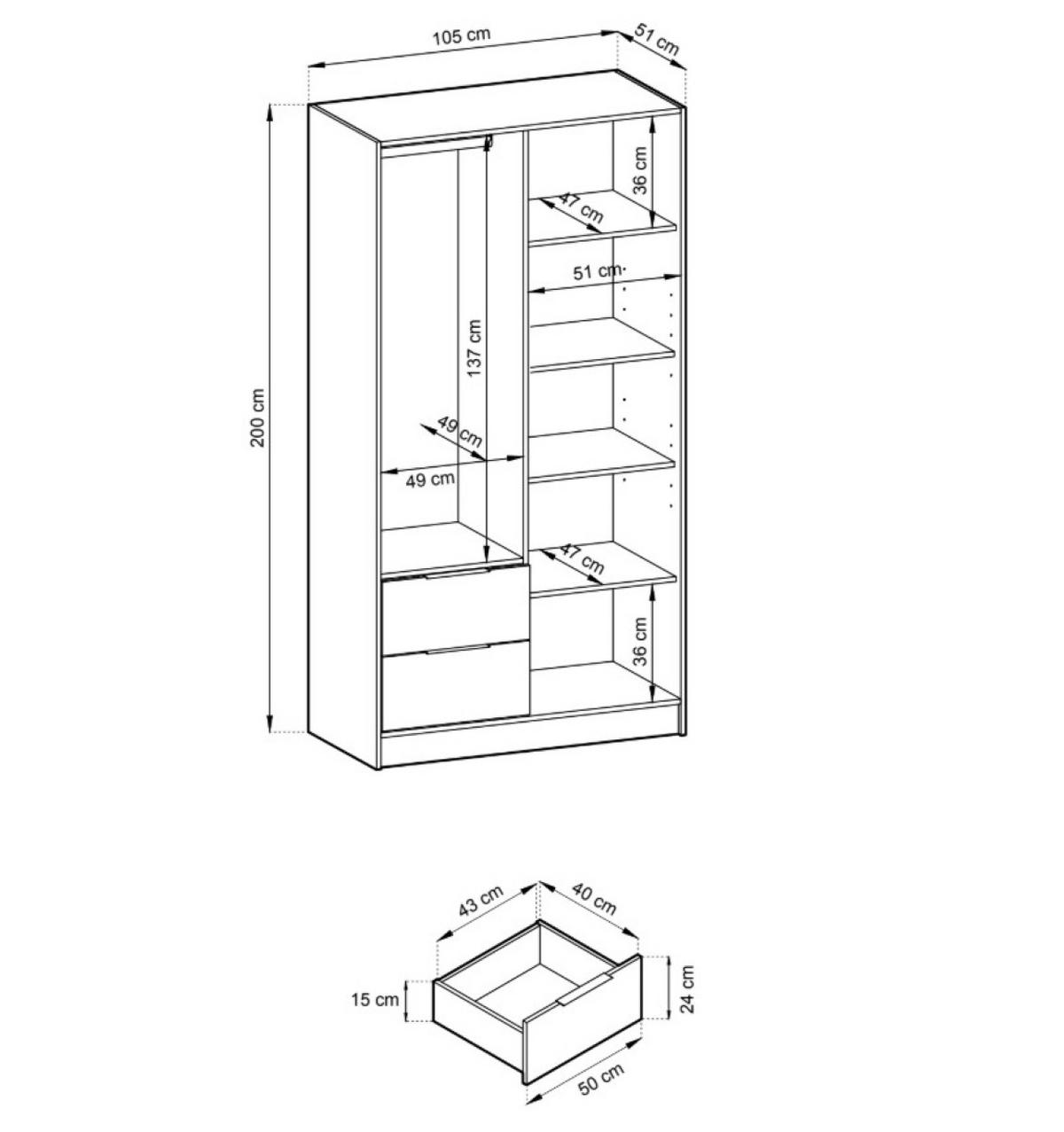 KLEIDERSCHRANK Nelly Grau, Artisan Eiche Lamellen, Schrank Zweitürige, Garderobe mit Spiegel - Grau, Holzwerkstoff (105/200/51cm) - Bettso