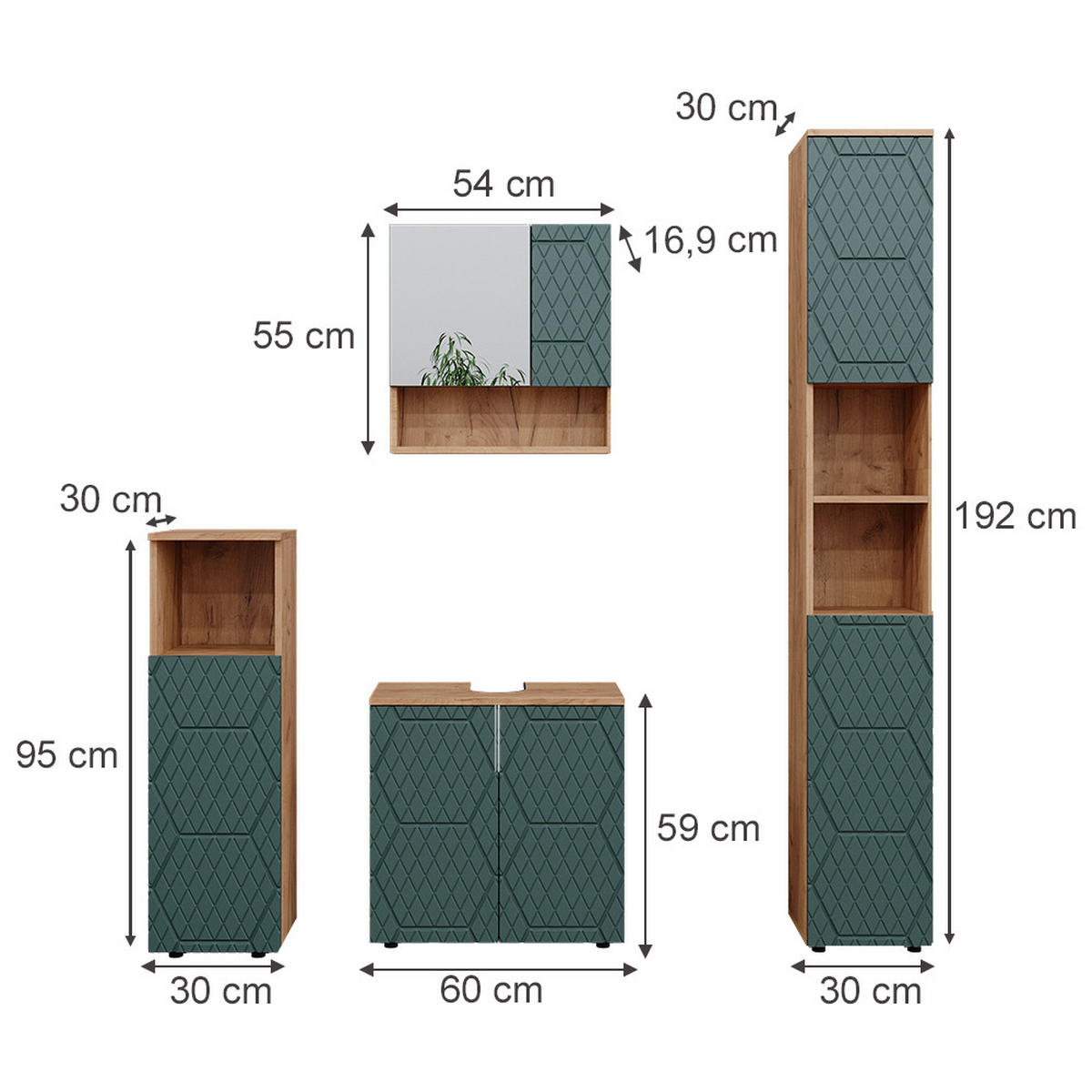 BADMÖBEL-SET Irma Grün 4 Teile, mit Hochschrank - Eiche Wotan/Grün, Holzwerkstoff (80/58.6/41cm) - Vicco