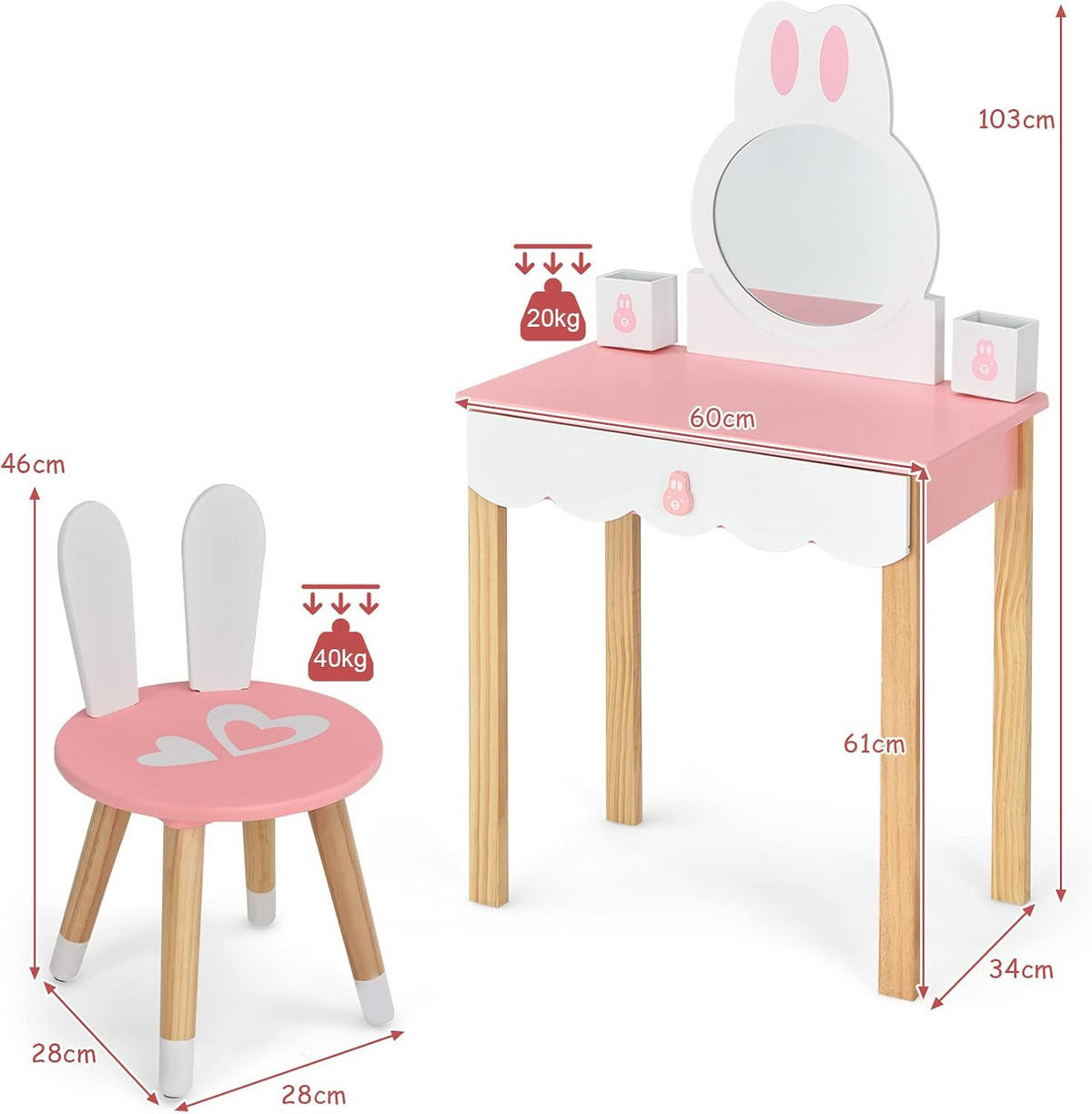 KINDER SCHMINKTISCH mit Hocker Pink - Pink, Holz (34/103/60cm) - COSTWAY