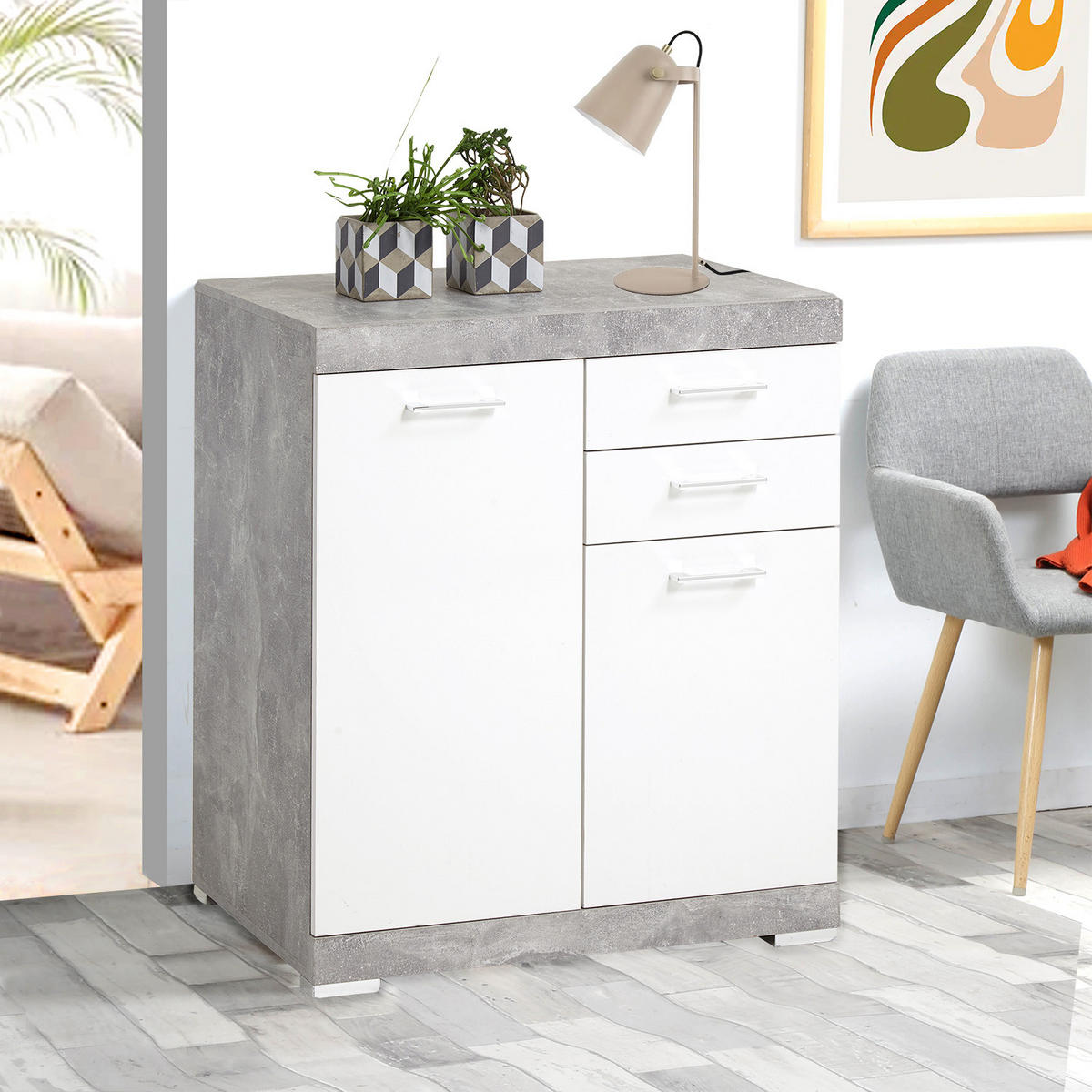 SIDEBOARD mit 2 Türen und 2 Schubladen L80cm - Bristol - Weiß/Grau, Holzwerkstoff (34.9/89.9/80cm) - Calicosy