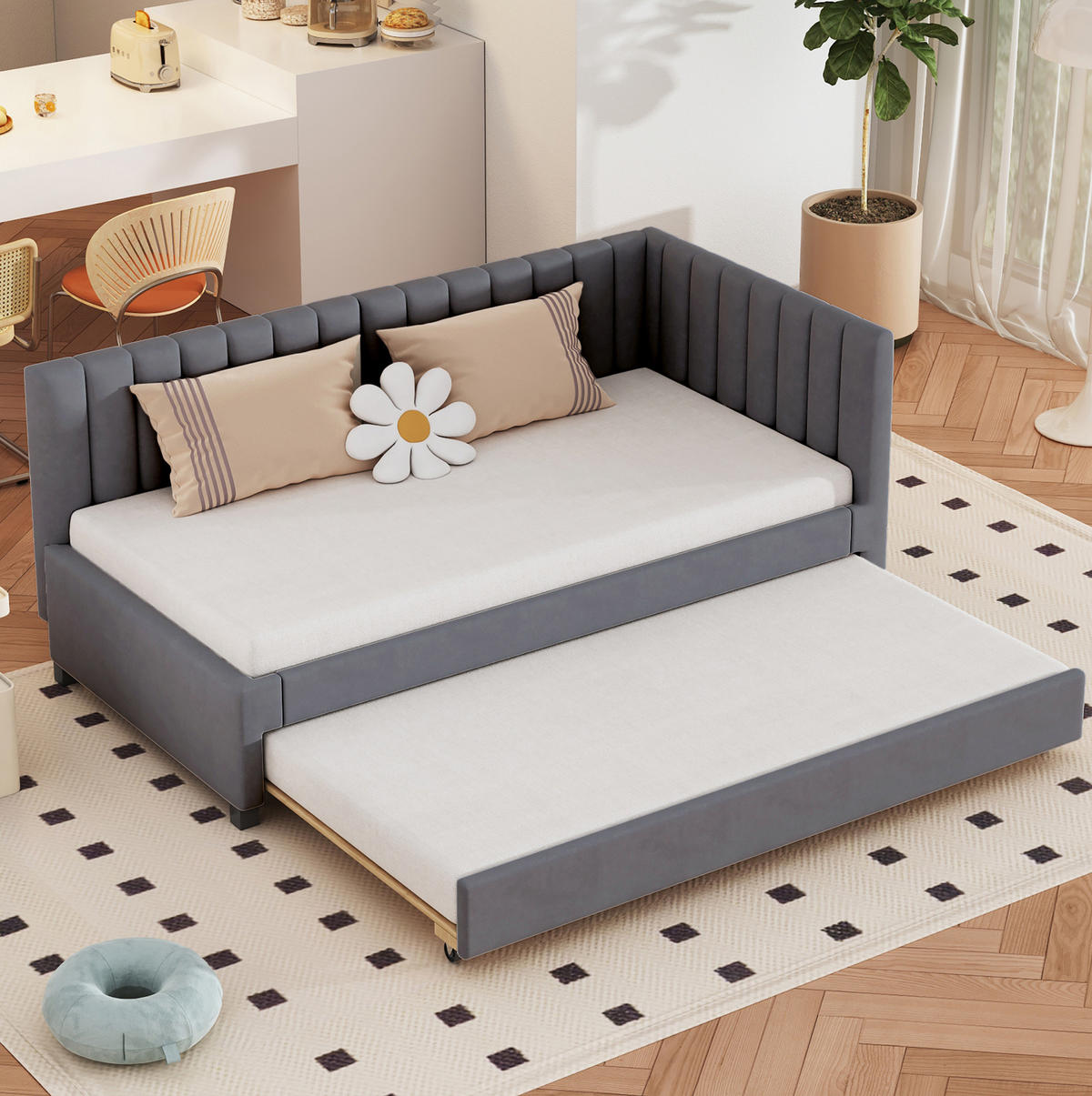 POLSTERBETT aus Samtstoff 90x200 cm Grau mit Ausziehbett, Lattenrost und gepolstertem Kopfteil - Grau, Textil (90/200cm) - Modfu