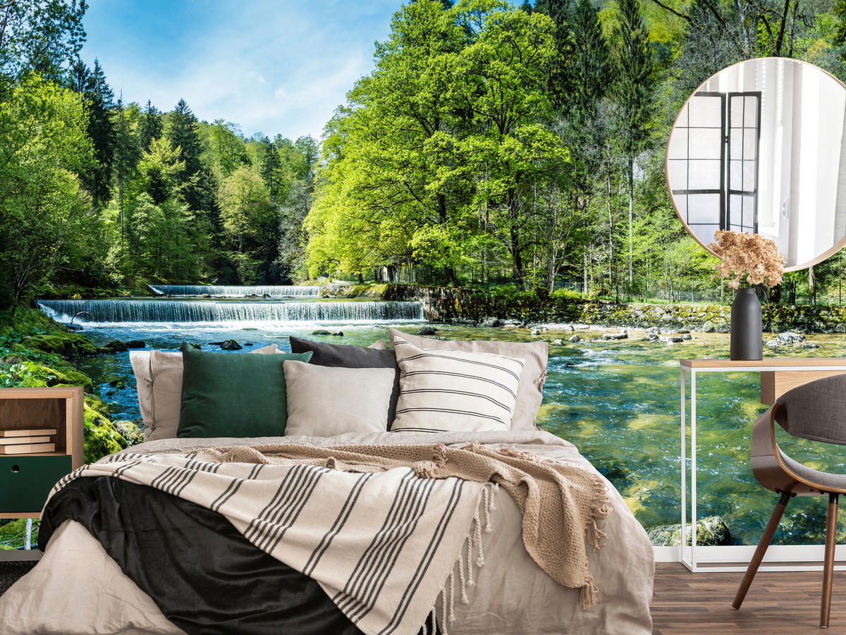 FOTOTAPETE für Wohnzimmer Landschaft Steinerne Fluss Wald Bäum 350x256 - Türkis/Blau, Papier (350/256cm) - Muralo