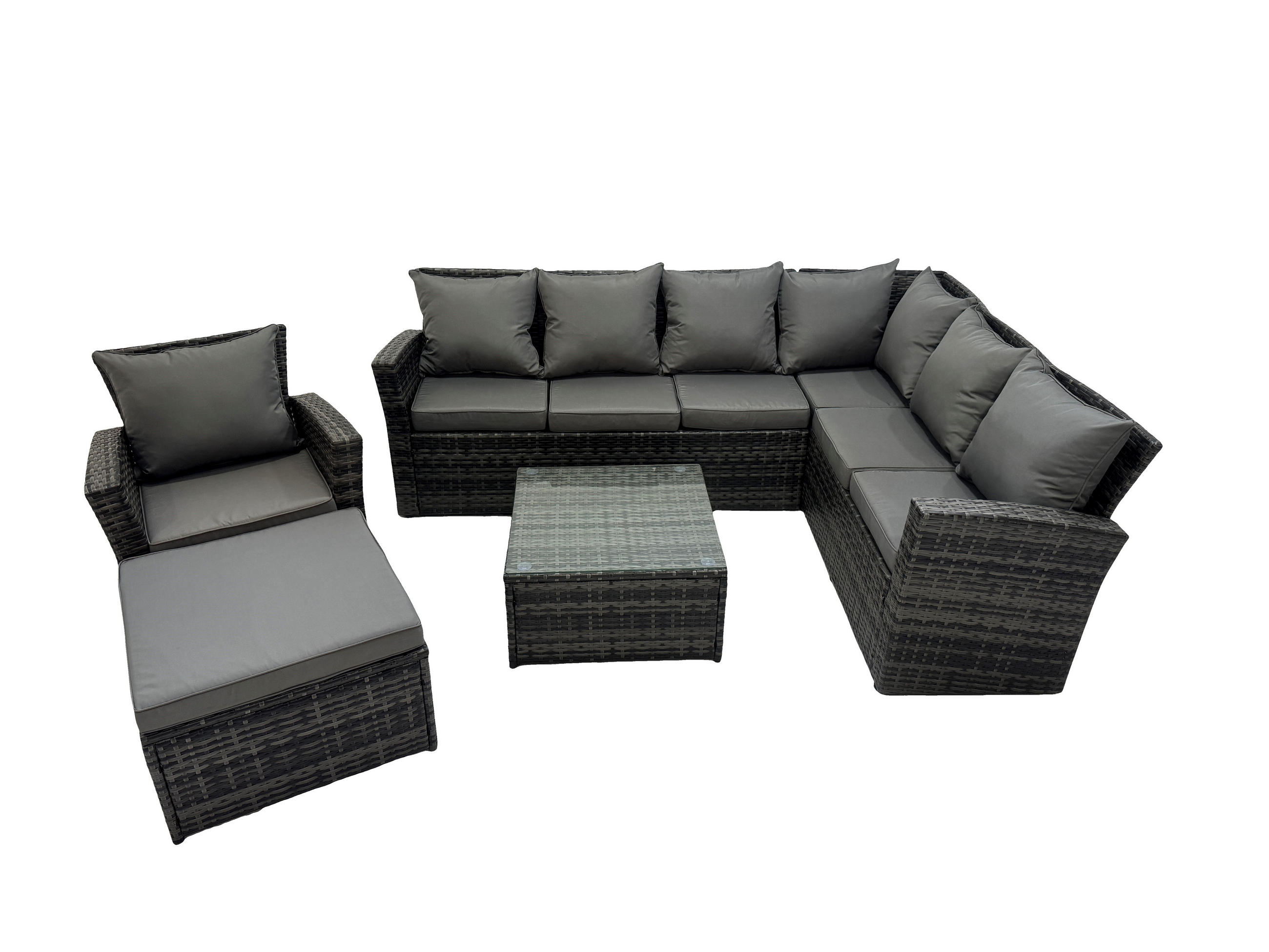 LOUNGEGARNITUR mit Couchtisch Sofa Polyrattan Dunkelgrau 8-Sitzer - Dunkelgrau/Grau, Glas/Kunststoff - Fimous