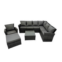 LOUNGEGARNITUR mit Couchtisch Sofa Polyrattan Dunkelgrau 8-Sitzer - Dunkelgrau/Grau, Glas/Kunststoff - Fimous