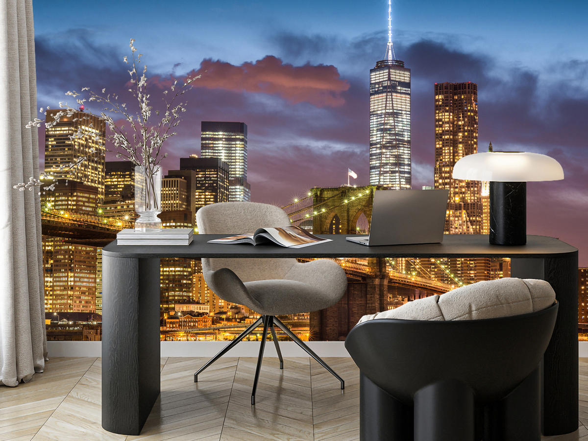 FOTOTAPETE für Wohnzimmer New York Nacht Brooklyn Bridge Wolkenkratzer 300x210 - Blau/Gelb, Papier (300/210cm) - Muralo