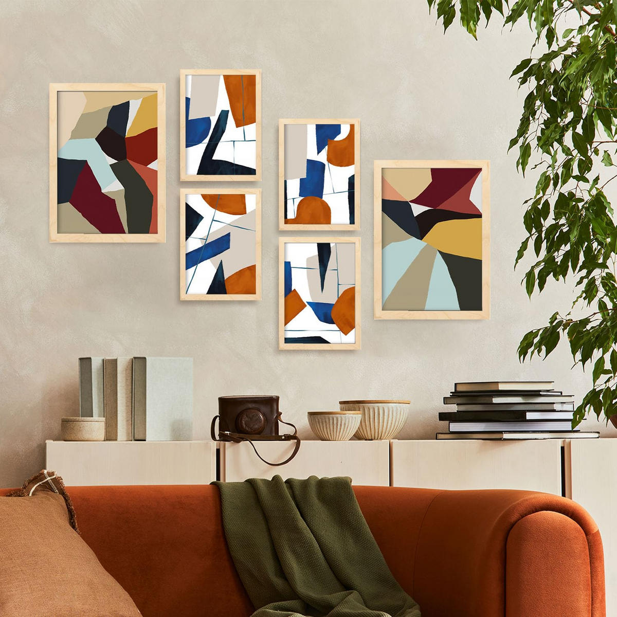 POSTER Set Mit 6 Farbige Kanten In Form Abstracts Ästhetische Dekorative Gemälde Für Ihr Wohnzimmer Zuhause A3 & A4 Rahmen Aus Hellem Holz - Beige, Papier (29/3cm) - Nacnic