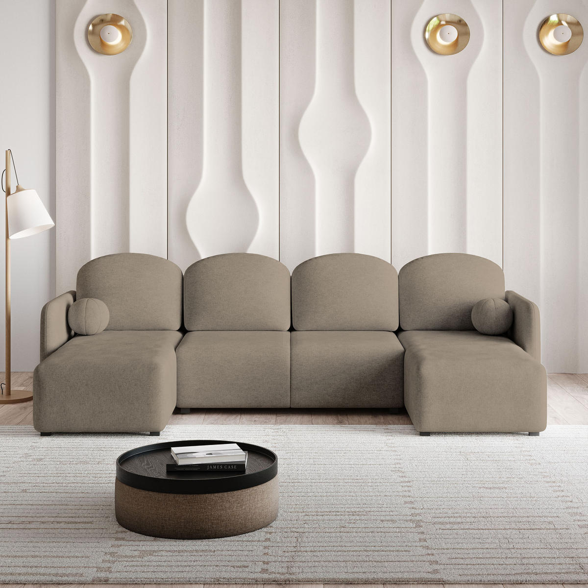 ROHOVÁ SEDAČKA NUBERO hnědá - šedá/hnědá, dřevo/textil (285/143cm) - MASSENO