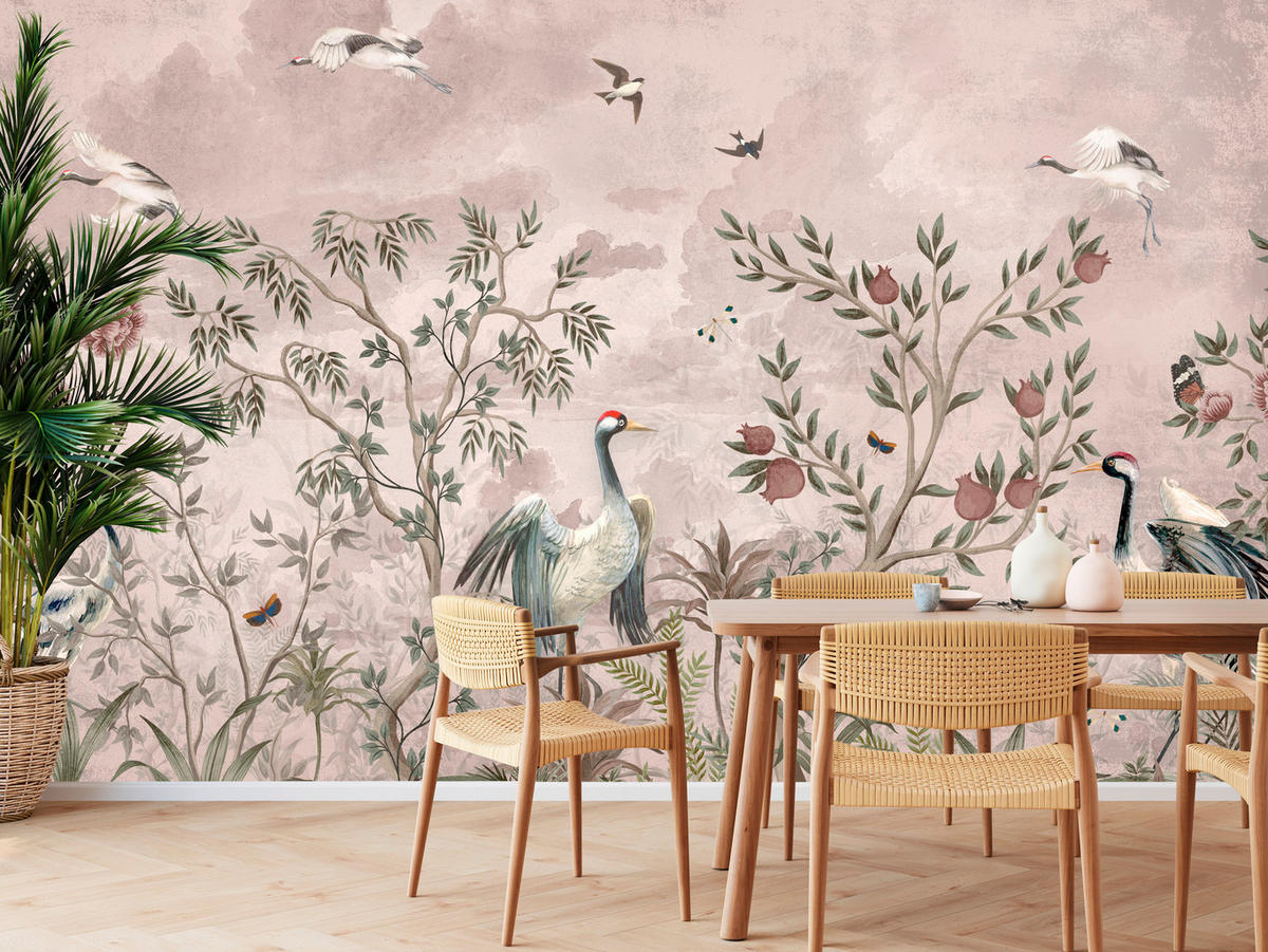 FOTOTAPETE für Schlafzimmer Kraniche Bäume Tropische Blumen Büsche 500x350 - Beige/Rot, Papier (500/350cm) - Muralo