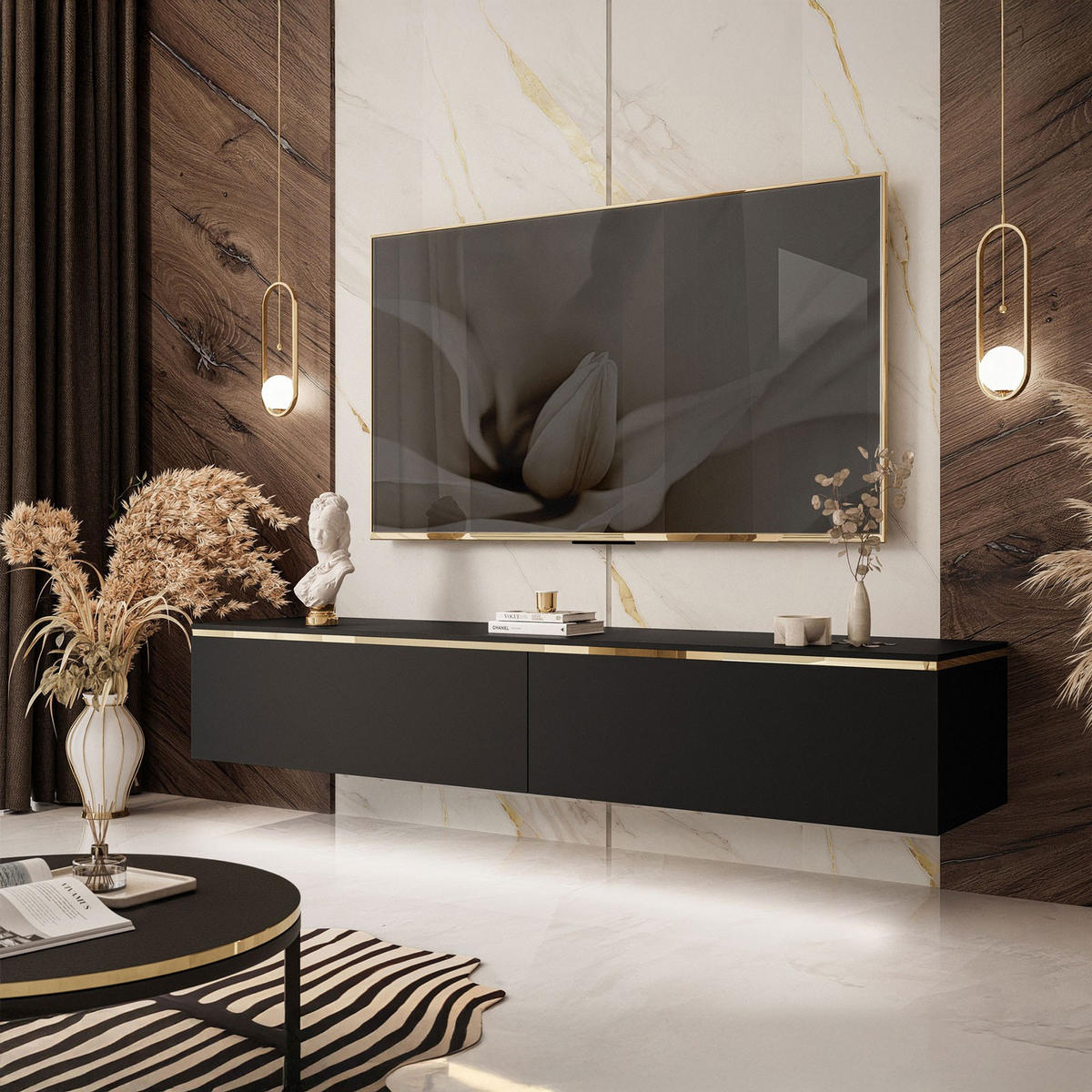 HÄNGESCHRANK TV-Möbel AURORA Schwarz Matt mit LED Beleuchtung - Schwarz, Holzwerkstoff (180/32/40cm) - Lookway