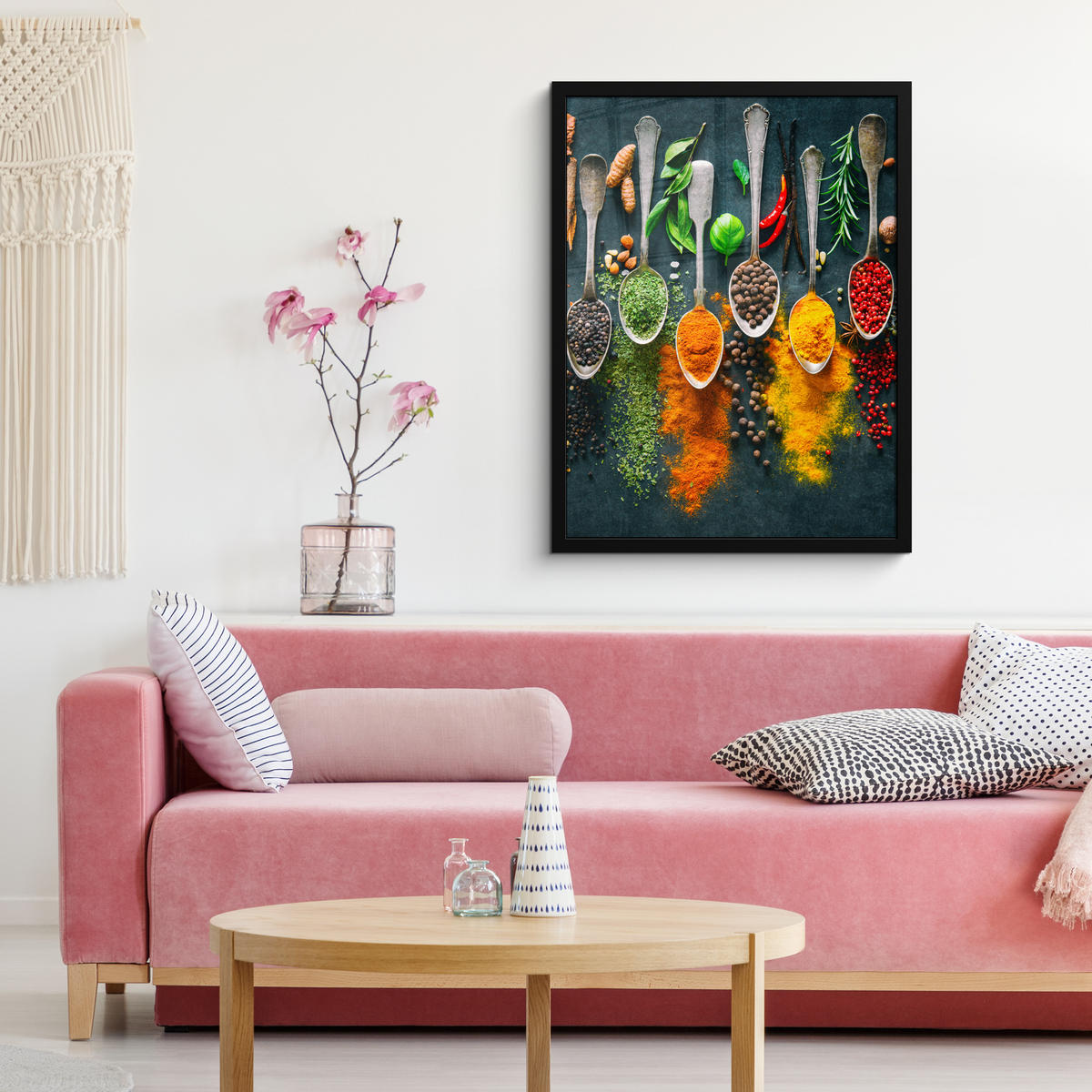 GERAHMTES BILD Kräuter - Gewürze - Löffel 60x80 cm - Currygelb, Papier (60/80cm) - MuchoWow