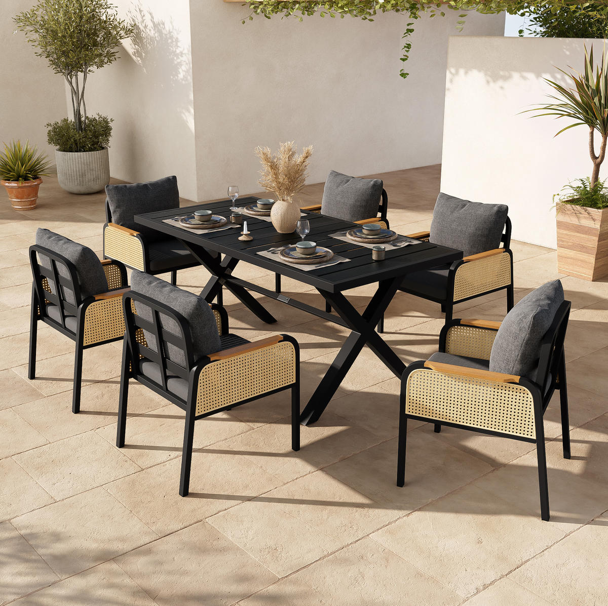 GARTENSETS aus Eisen & Polyester 148x80x75cm Schwarz & Natur - Naturfarben, Metall - Modfu