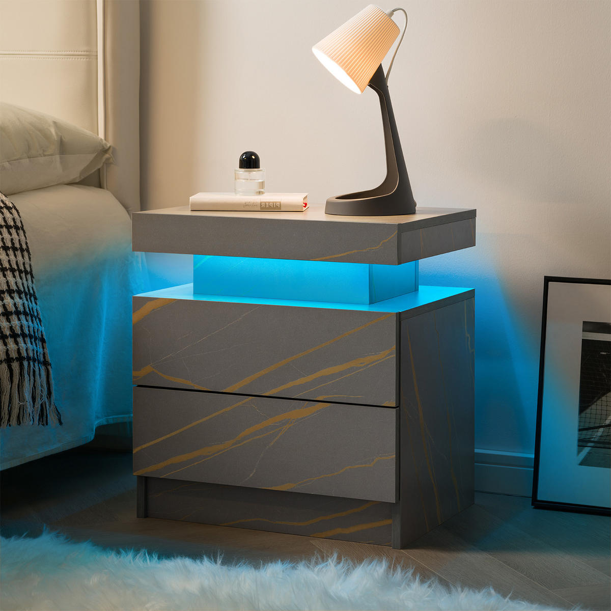 NACHTTISCH 50/53/36 cm Grau und Gold aus Holzwerkstoff mit LED-Beleuchtung und 2 Schubladen - Grau, Holzwerkstoff (53/36/50cm) - OKWISH
