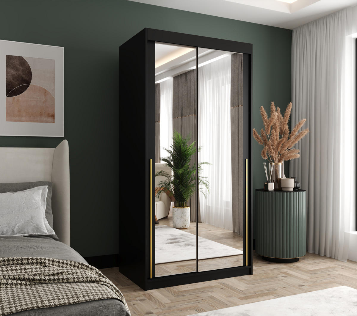 SCHWEBETÜRENSCHRANK mit Spiegel 100 cm Breite, schwarz mit goldenem Griff - Goldfarben/Schwarz, Holzwerkstoff (100/200/62cm) - Home Collective