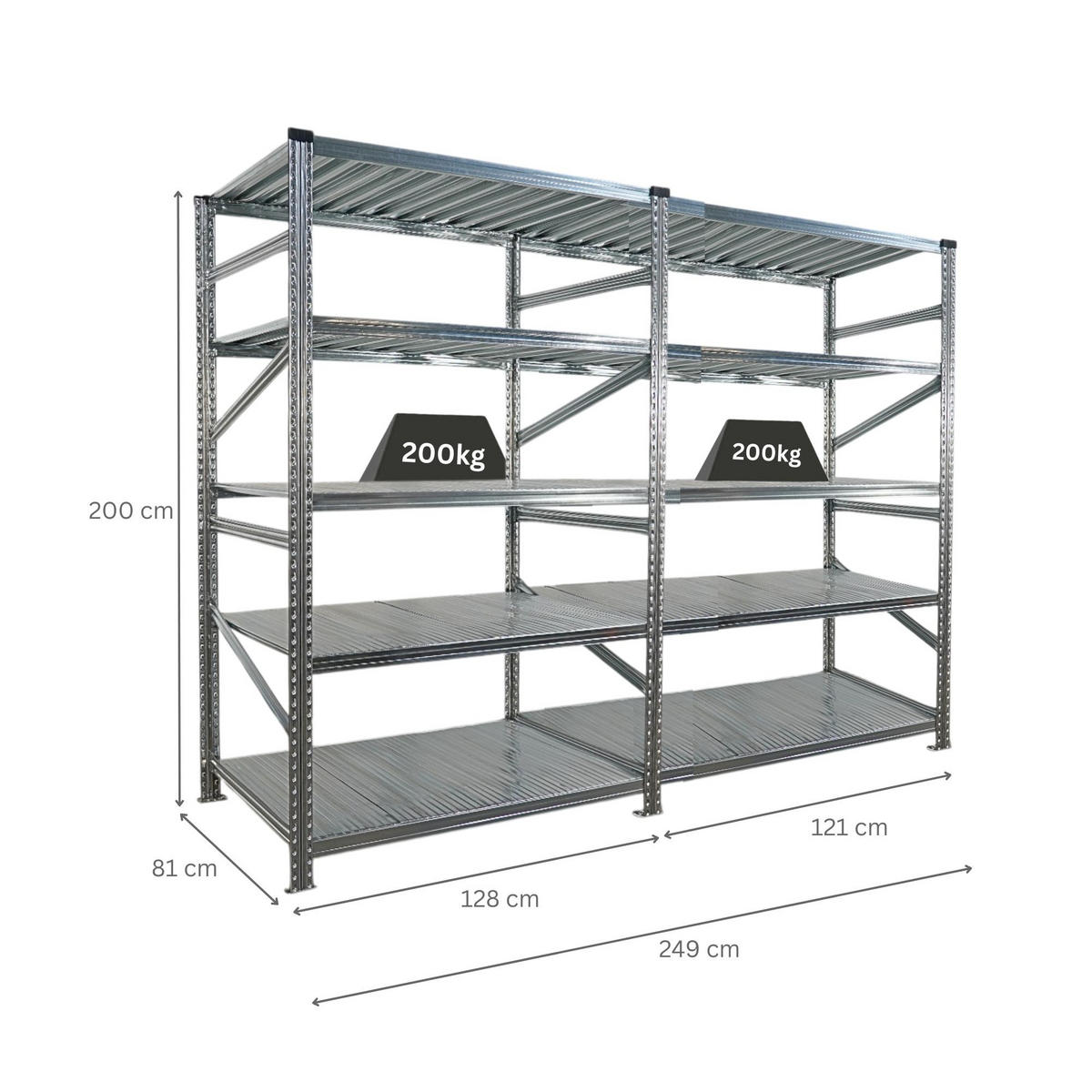 FACHBODENREGAL Proximo Stecksystem 200x240x80cm 5 Ebenen Fachlast 200 kg Beidseitig nutzbar Verzinkt - Silberfarben, Metall (240/200/80cm) - PROREGAL
