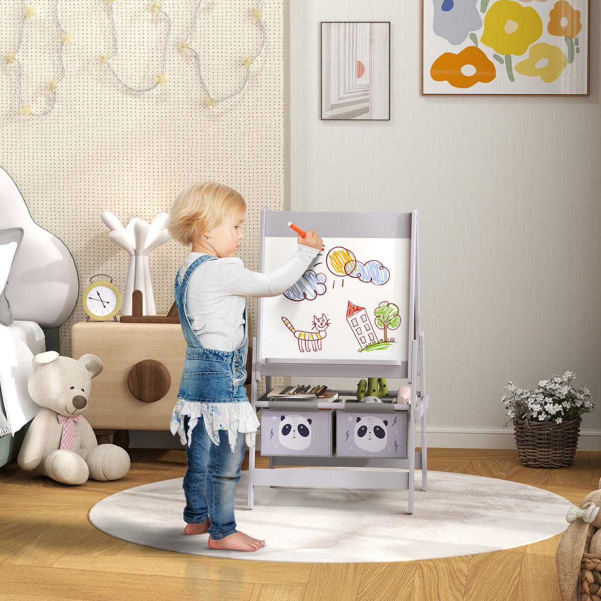 MALTAFEL DE-18210 3-in-1 mit Papierrolle, 2 Körbe Grau - Grau, Holzwerkstoff (46.5/93/54cm) - ComfortXL
