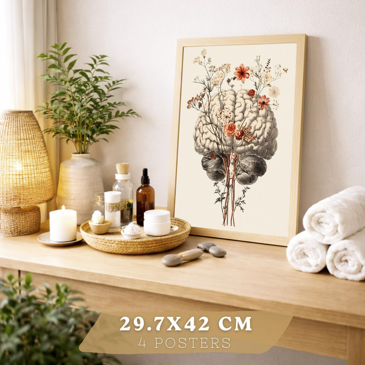POSTER Set aus 4 Anatomie Mensch Dekorative Drucke und Wandbilder mit Blumen Ganzkörper Gehirn Hand und Herz Stil Wanddekoration Größe Rahmenlos A4 - Klar, Papier (21/29.7/3cm) - Nacnic