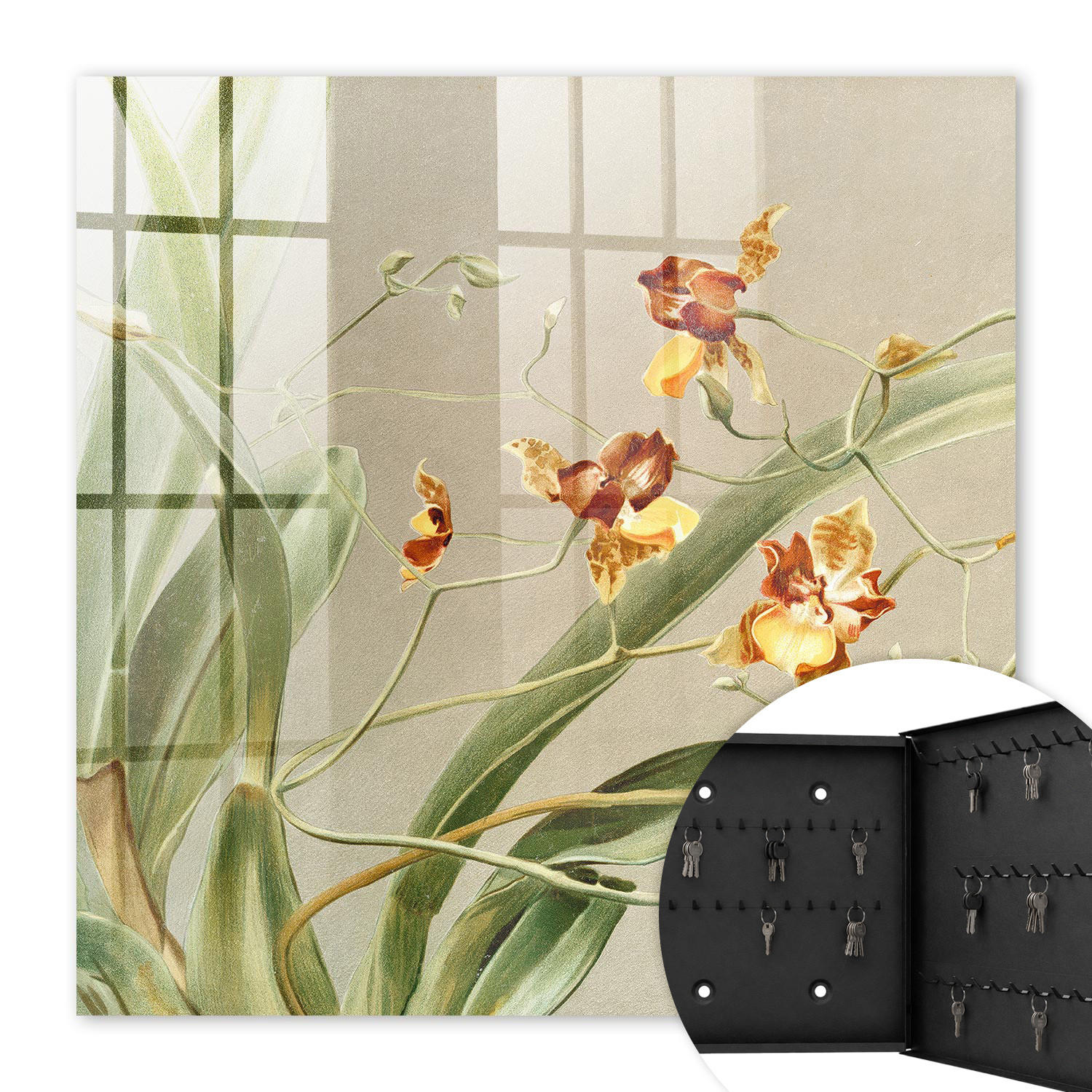 SCHLÜSSELBOX Schwarz 30x30 cm- Türöffnung nach rechts - Kletterblumen - Grün, Metall (30/30/5cm) - TULUP
