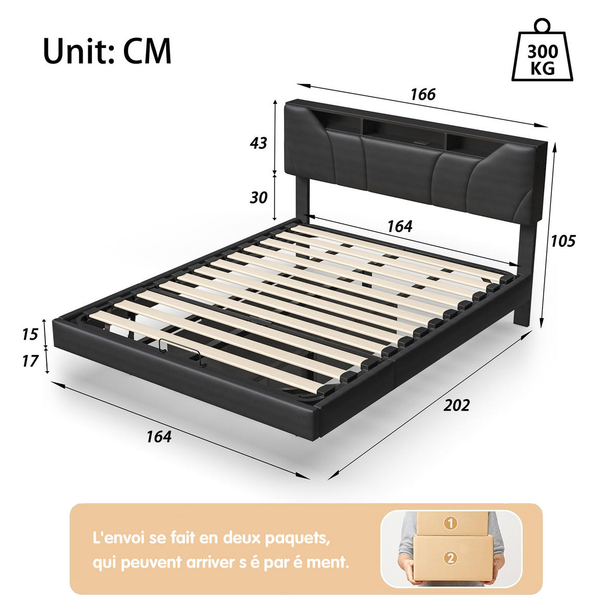 POLSTERBETT 160x200 cm LED USB schwebend Lattenrost schwarz - Schwarz, Holz (160/200cm) - LEBENLANG