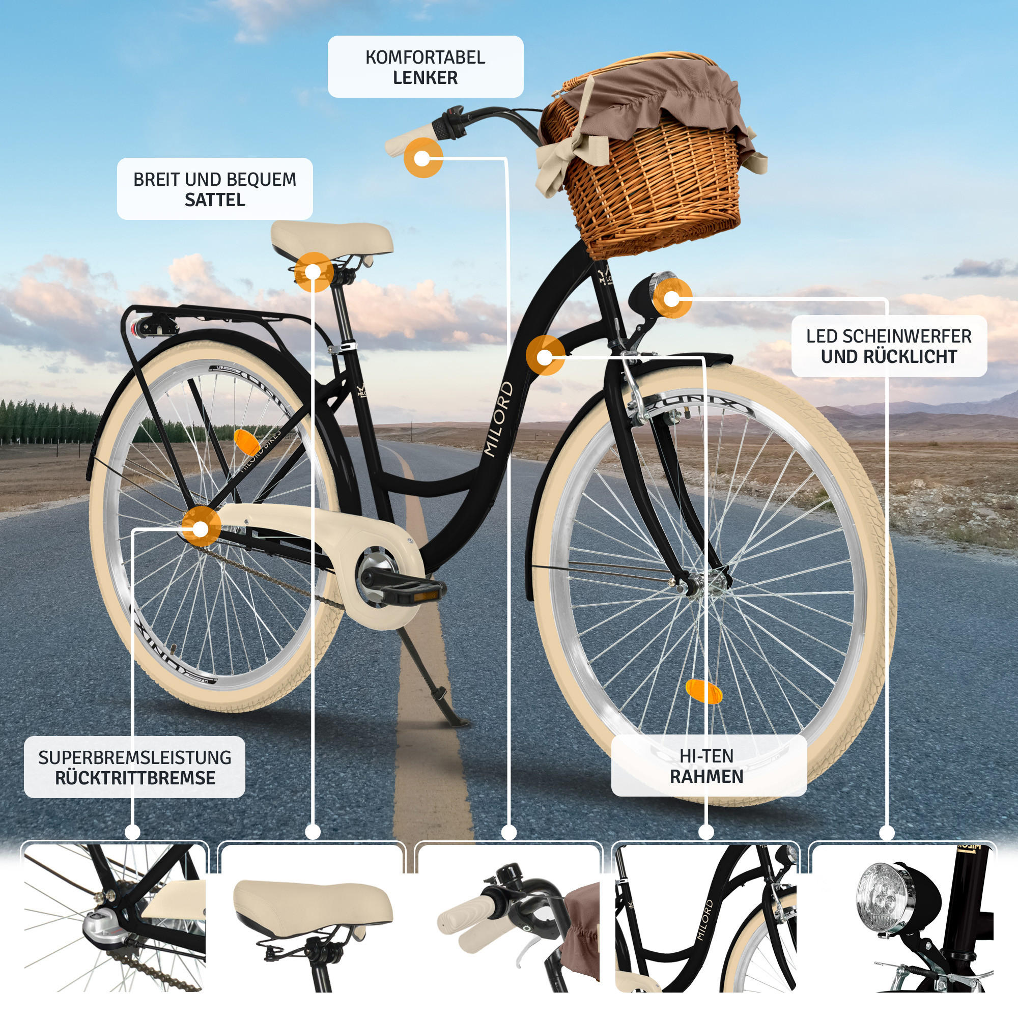 CITY-FAHRRAD Milord mit Weidenkorb, 26 Zoll, Schwarz-Creme, 3-Gang - Creme/Schwarz, Metall (46cm) - Milordbikes