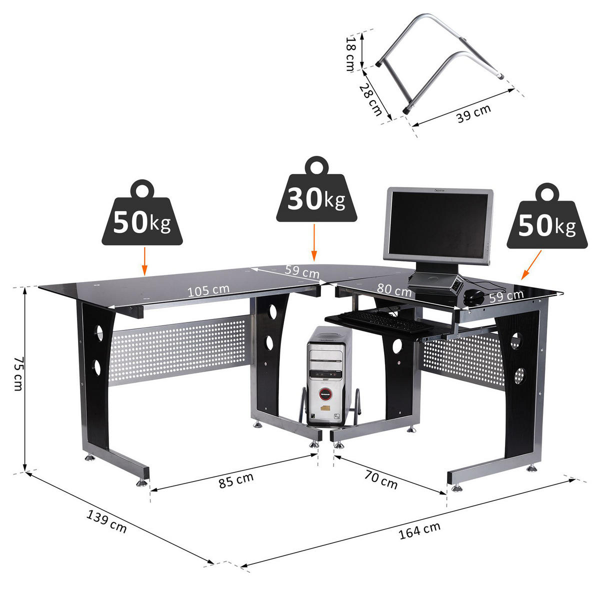 COMPUTERTISCH L-Form, MDF, Eisen Schwarz - Schwarz, Kunststoff (164/139/75cm) - HOMCOM