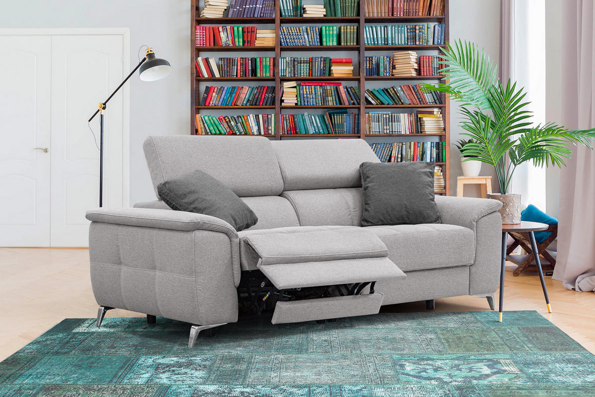 SOFA PLAUEN 3-Sitzer mit 2 Relaxfunktionen, hellgrau - Silberfarben/Hellgrau, Holzwerkstoff/Textil (214/83/105cm) - Courtois Laville