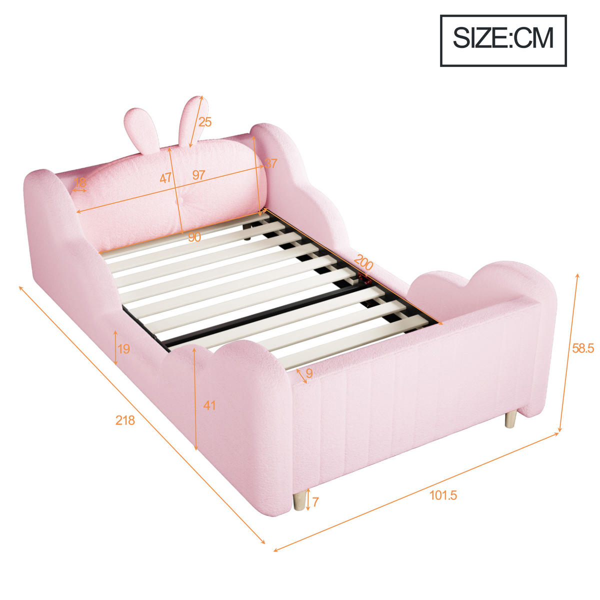 KINDERBETT 90/200 cm in Rosa mit Lattenrost Stoff Hasendesign - Rosa/Naturfarben, Holzwerkstoff/Textil (90/200cm) - STILVORA