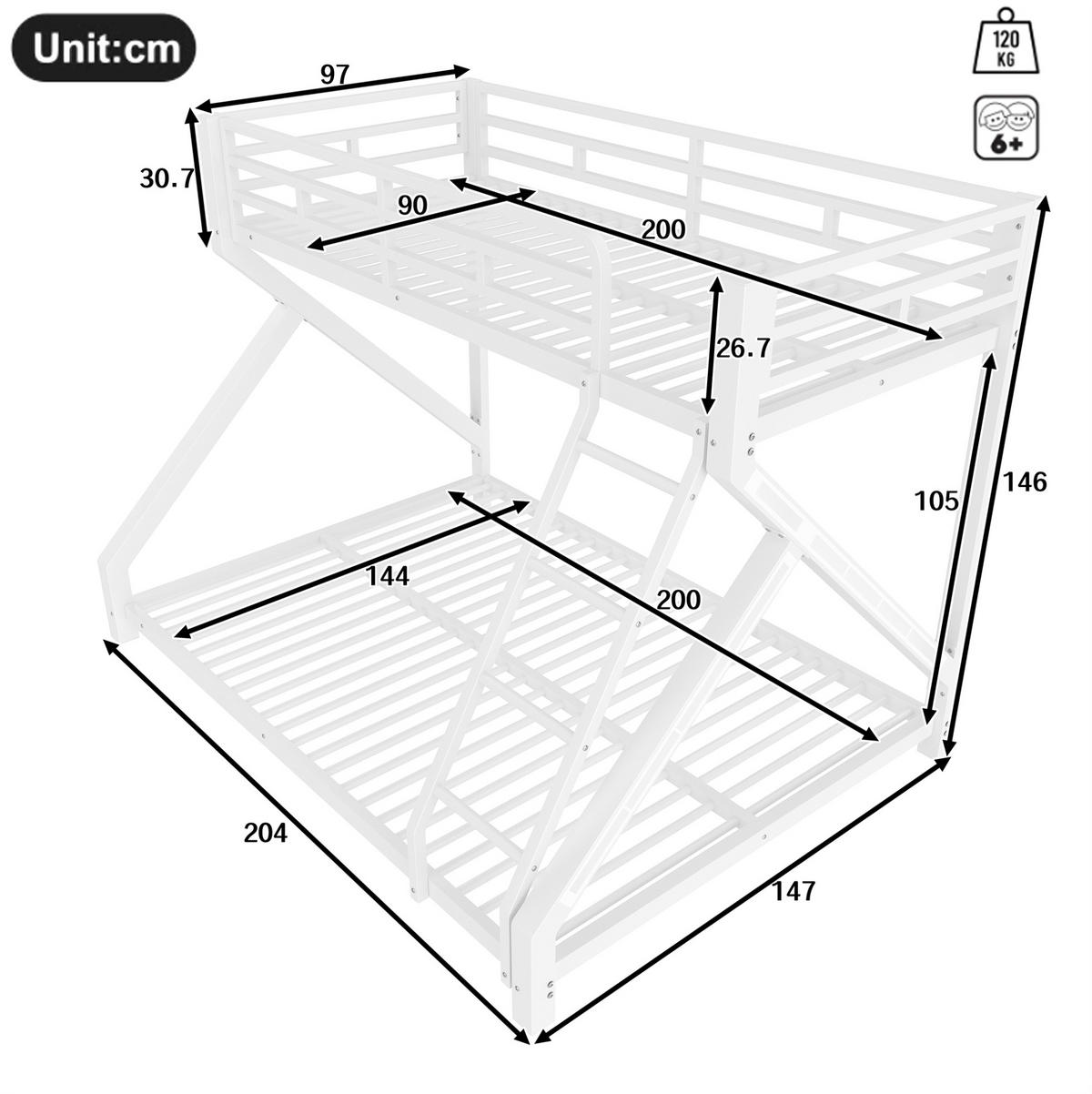 ETAGENBETT 90/200 cm und 140/200 cm Weiß mit LED Metall ohne Matratze - Weiß, Metall (140/200cm) - MIVRAY