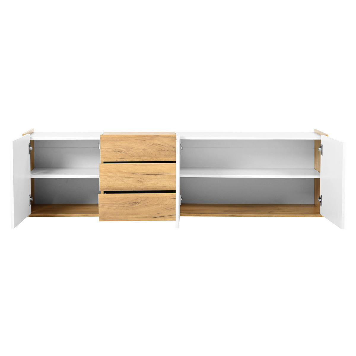 TV stolek z MDF 171,5x35x47 cm bílý v dekoru dřeva se 3 dvířky, 3 zásuvkami a možností montáže na stěnu - bílá, kompozitní dřevo (171.5/47/35cm) - Modfu