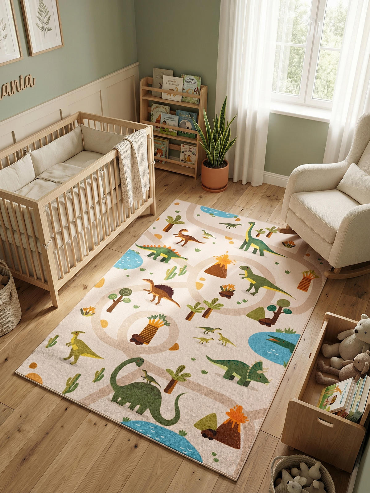 KINDERTEPPICH Kurzflor Dinosaurier-Landschaft Waschbar OEKO-TEX Spielteppich Jungen Mädchen Beige 120x170 – TINO - Beige, Textil (120/170cm) - KADIMA DESIGN