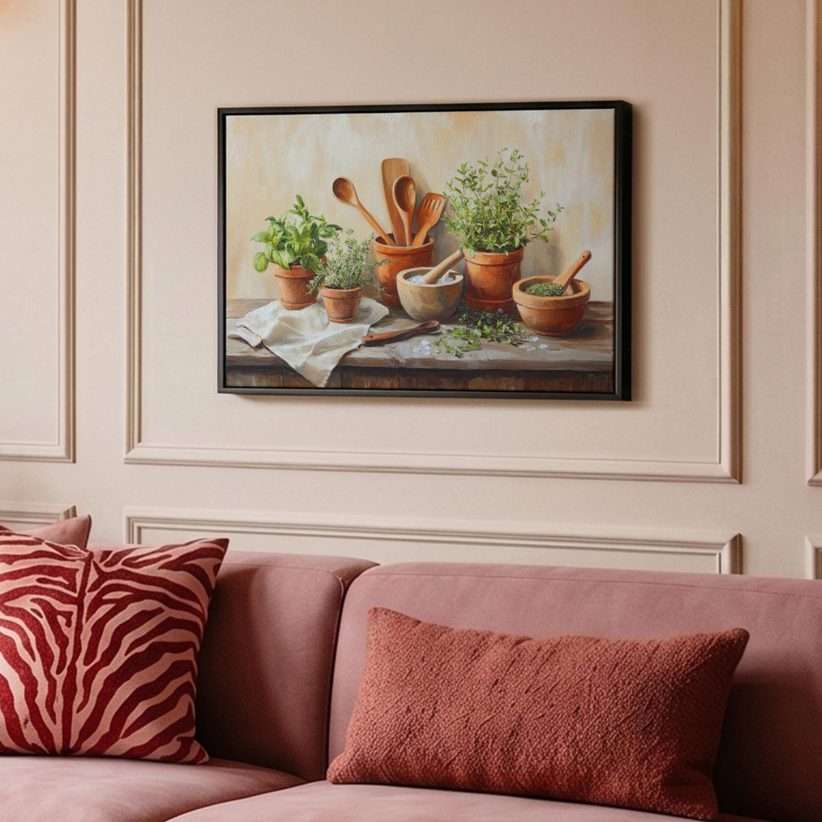 LEINWAND Bilder mit Rahmen - Töpfe - Kräuter - Holz - 60x40 - Terracotta, Textil (60/40cm) - MuchoWow