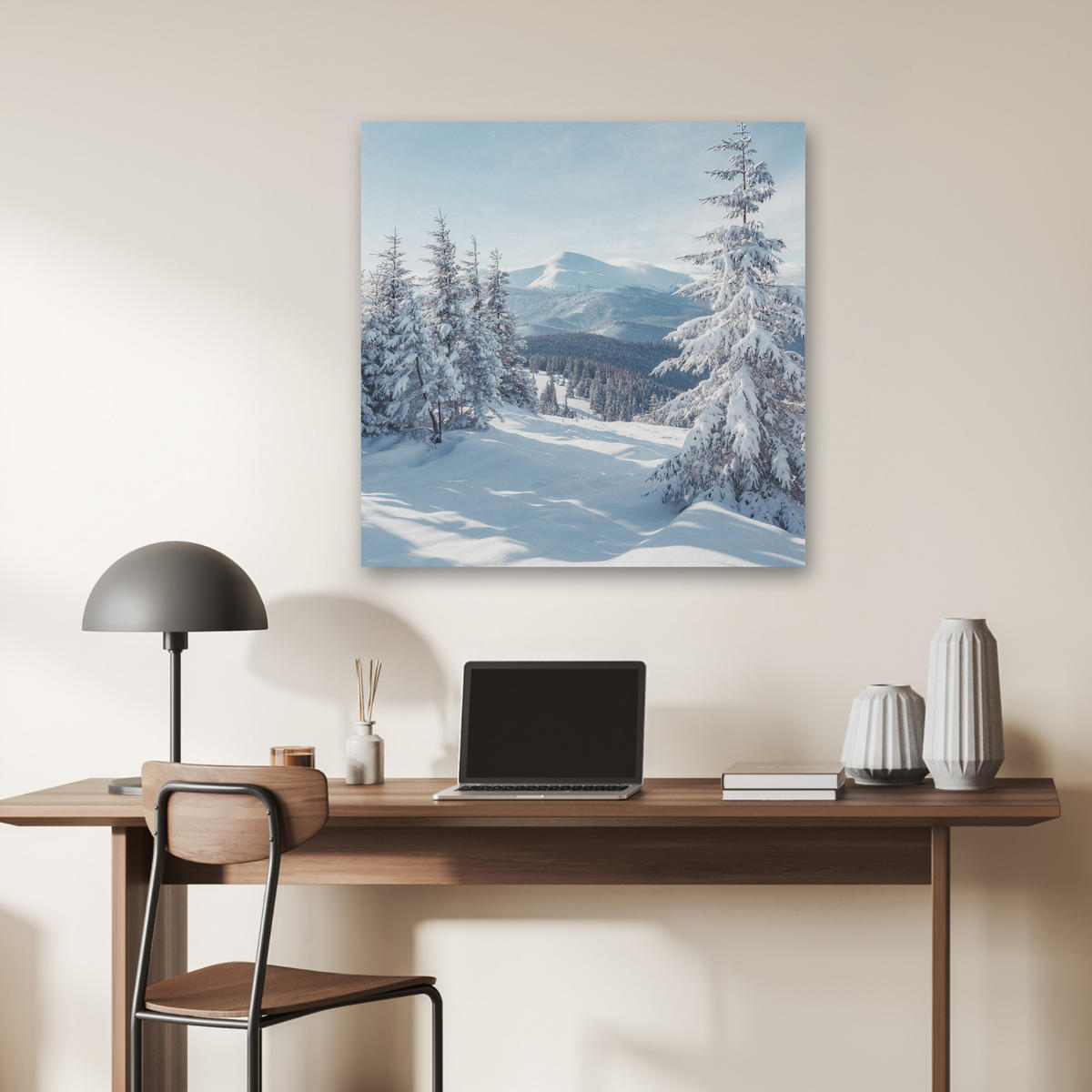 AKUSTIKBILD Winterlandschaft - Natur - Berge - Bäume - Schnee Akustikpaneele 80x80 cm - Hellblau, Kunststoff (80/80/0.9cm) - MuchoWow