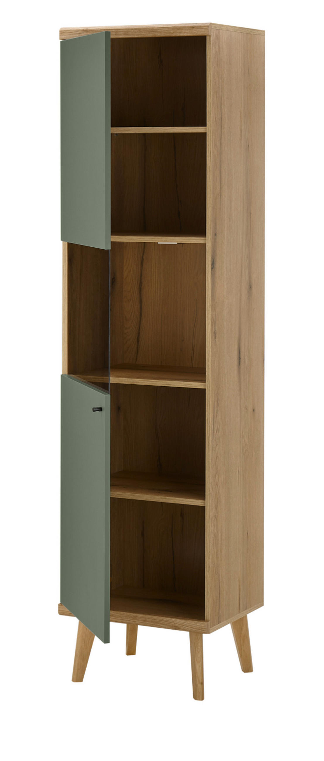 WOHNWAND 4-teilig salbei grün, Eiche Evoke, skandinavisch 320 cm, Schrankwand mit Vitrine - Salbeigrün/Eichefarben, Glas/Eichenholz (320/197/40cm) - Furn.Design