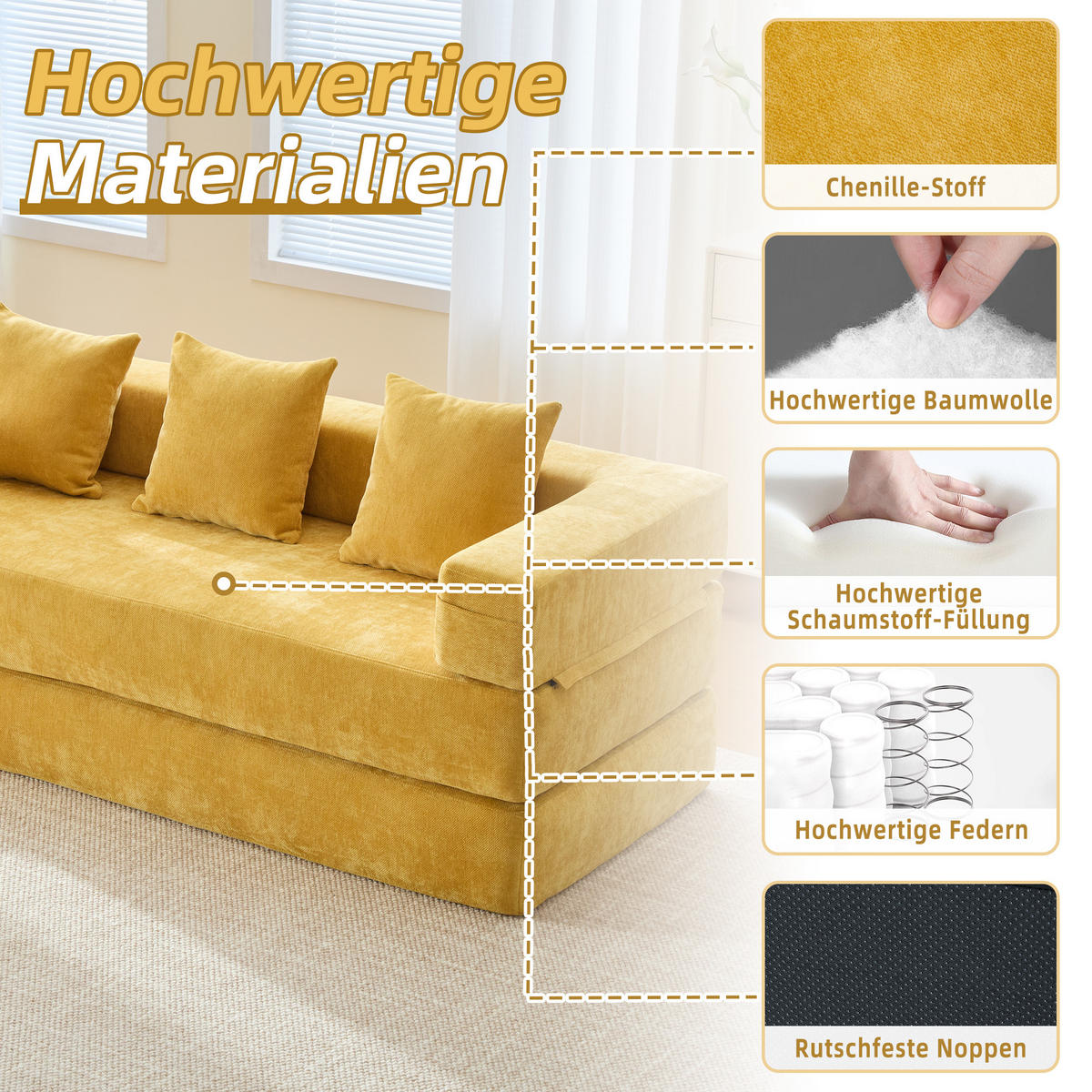 SCHLAFSOFA 198/79/60 cm Senfgelb mit Aufbewahrungstaschen - Gelb, Textil (198/60/79cm) - Oxeza