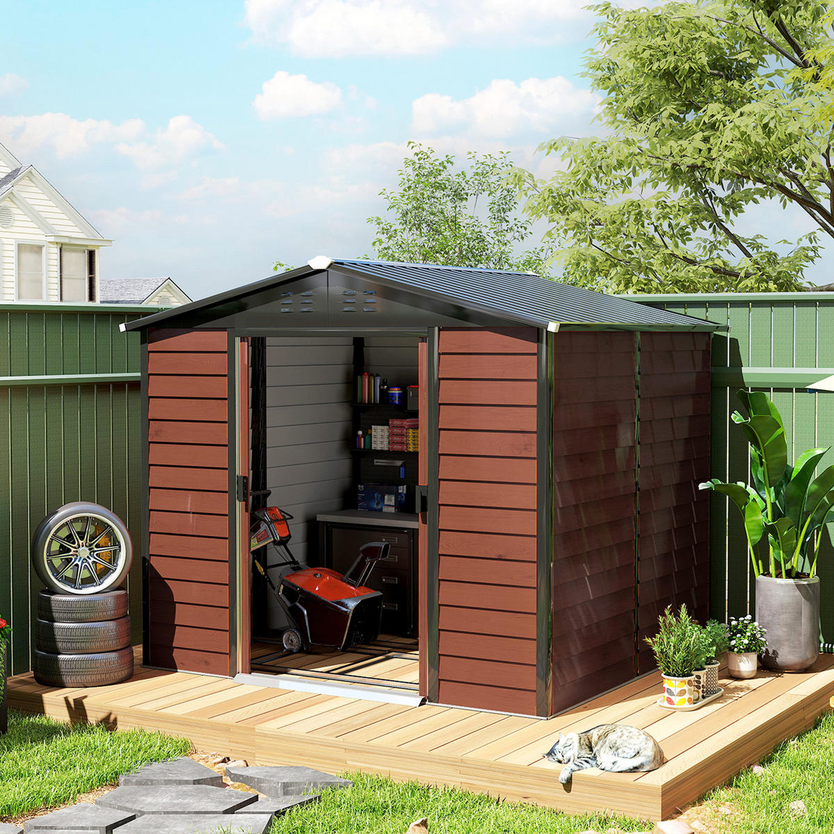 GERÄTEHAUS 4,4 m² Gartenhaus mit Pultdach, Schiebetür, Fundament Geräteschuppen - Braun, Metall (206/198/240cm) - Outsunny