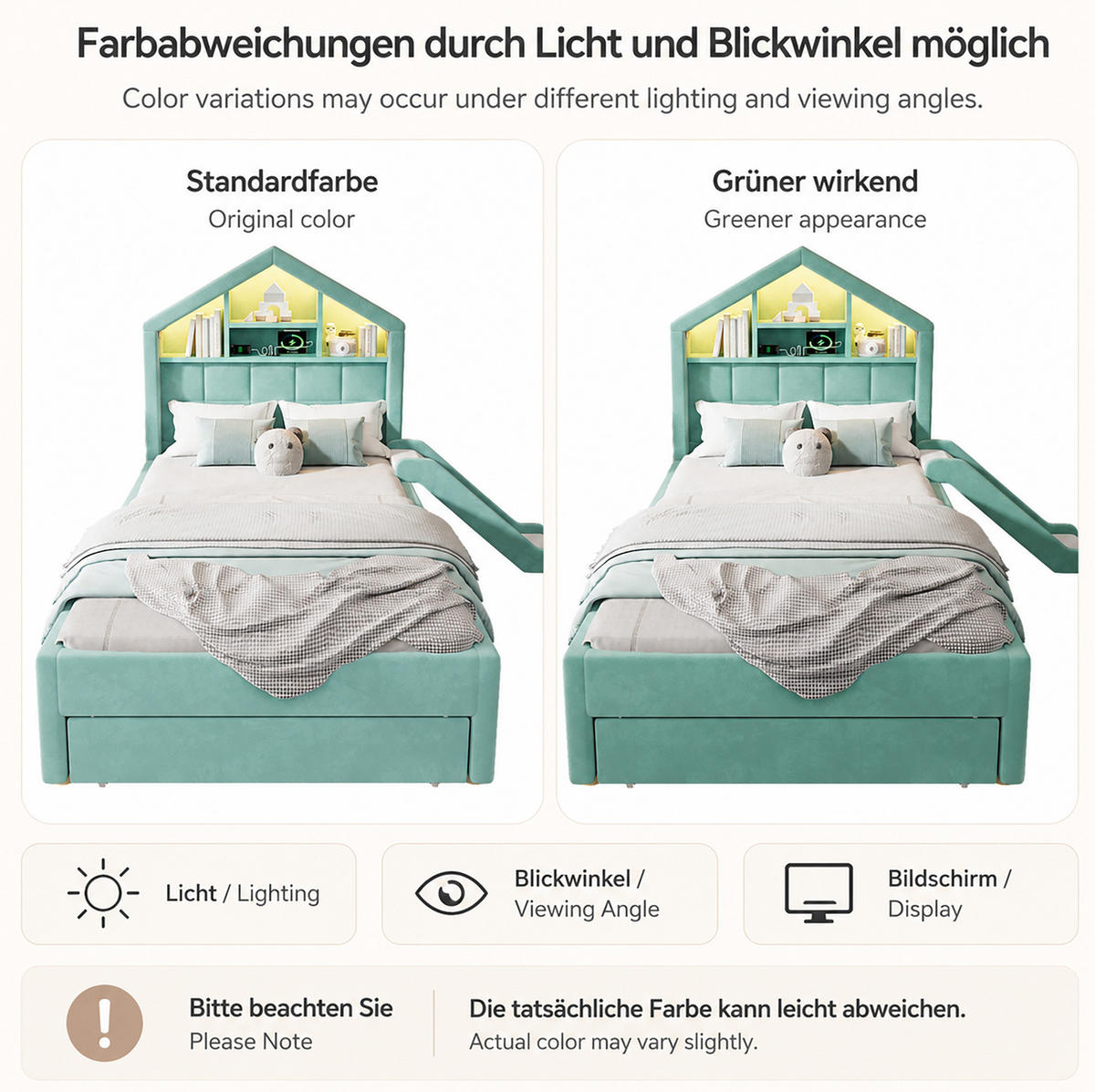 KINDERBETT-POLSTERBETT aus Samt 90x200 cm Blaugrün mit Rutsche links/rechts, LED-Beleuchtung, Ladeanschluss und Bettkasten - Blau, Textil (90/200cm) - Modfu