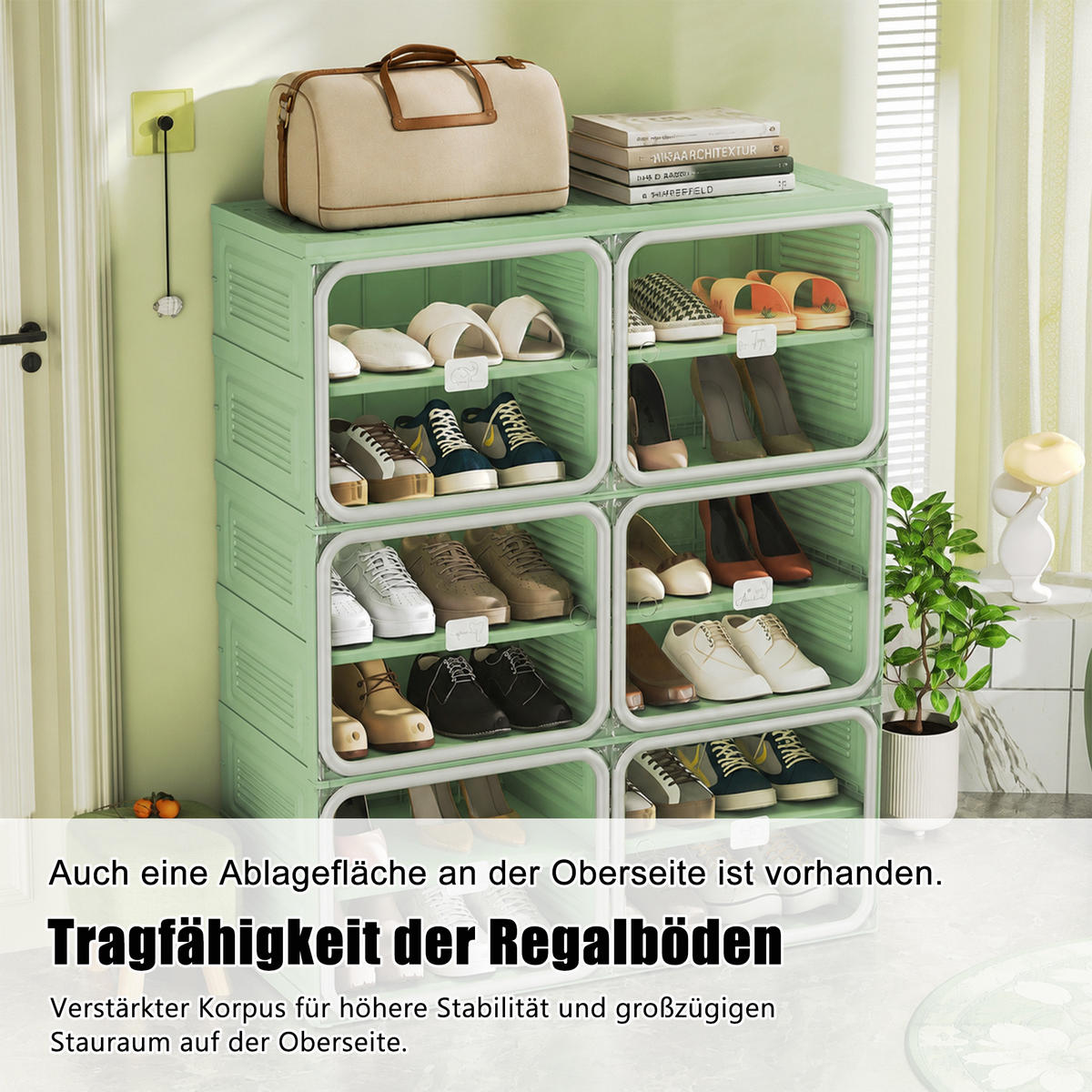 SCHUHSCHRANK, Doppelfach mit 6 Ebenen, faltbar, montagefrei, aus Kunststoff, Flurmöbel, Grün-Grau - Grün, Kunststoff (85/104/34cm) - GENKI LIVING