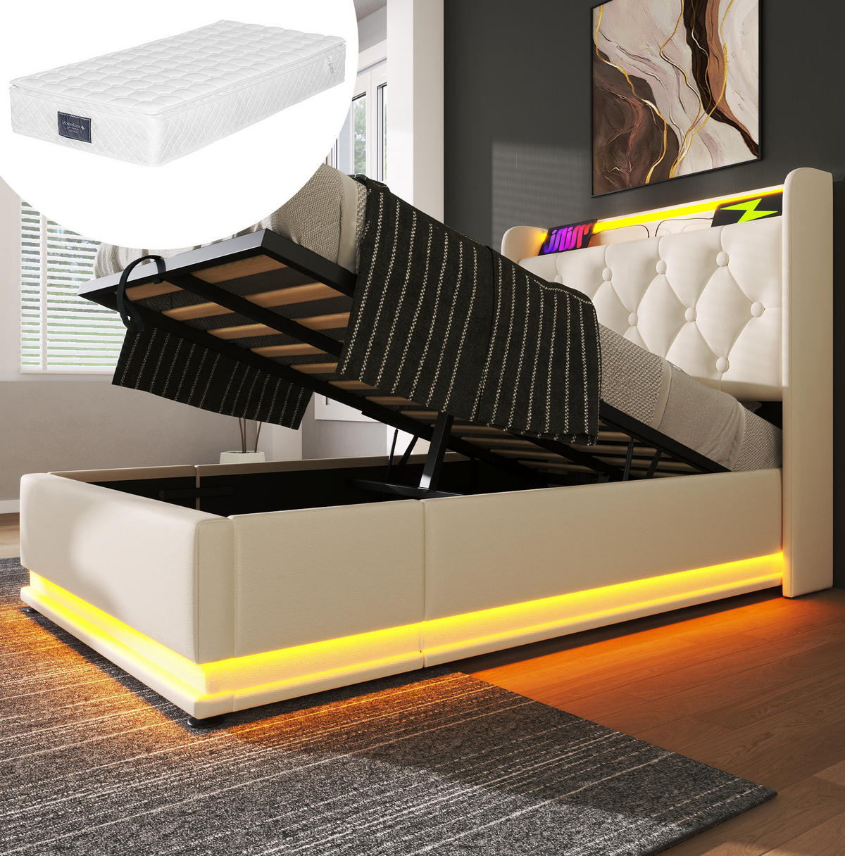 POLSTERBETT mit LED und Stauraum 90x200 cm PU Weiß mit Matratze - Weiß, Metall (90/200cm) - Meubliv