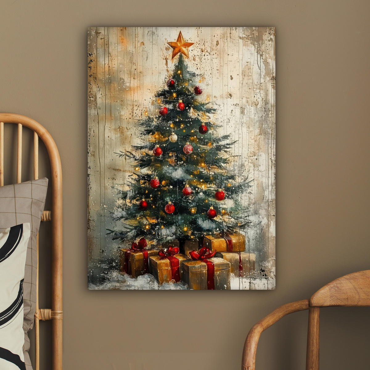 LEINWANDBILD Weihnachtsbaum - Vintage - Weihnachten - Geschenk 60x80 cm - Rostfarben, Textil (60/80cm) - MuchoWow