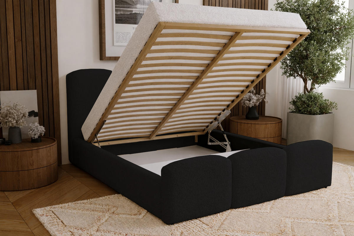 POLSTERBETT mit Bettkasten 160x200 Capri, Boucle, Schwarz - Schwarz, Holz/Textil (160/200cm) - Emporius