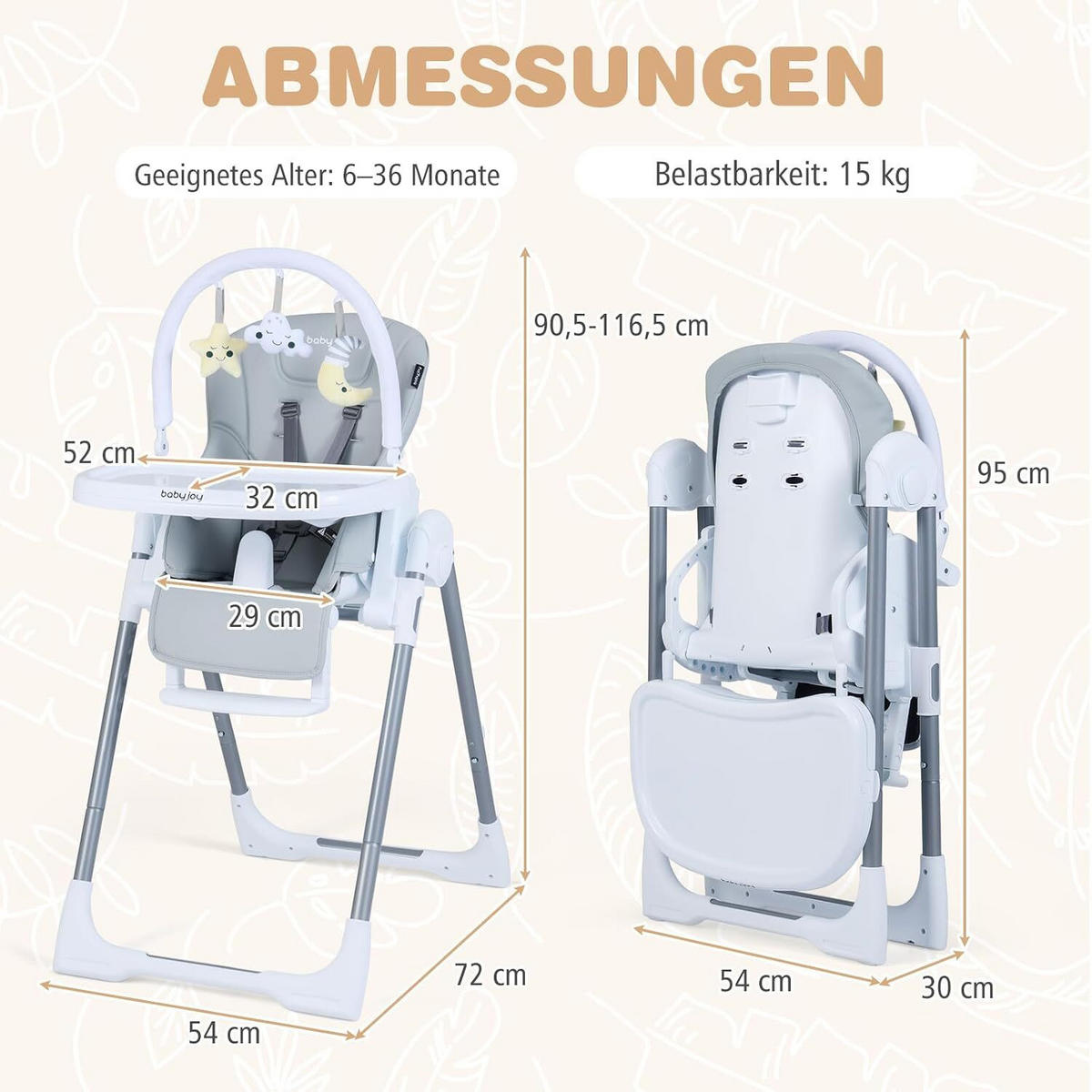 BABYSTUHL mit Spielbügel & Rollen hellgrau - Hellgrau, Metall (72/90.5/54cm) - COSTWAY