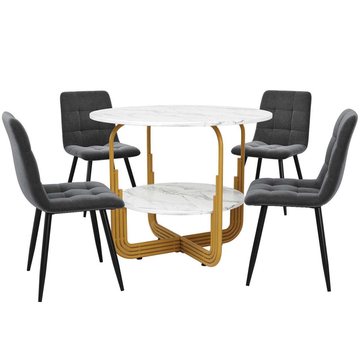 ESSTISCHSET 5-Teilig Rund 80 Cm, MDF Marmor, 4 Graue Stühle, Gold - Multicolor, Holzwerkstoff (86.51/10.01/91.49cm) - FLIEKS