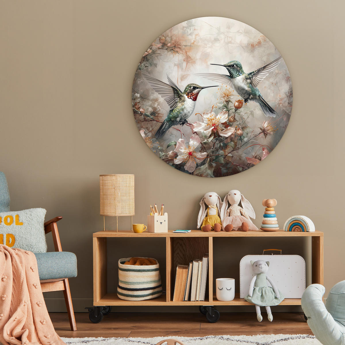 WANDBILD Kolibri - Vögel - Blumen - Pflanzen 90x90 cm - Hellgrün, Kunststoff (90/90cm) - MuchoWow